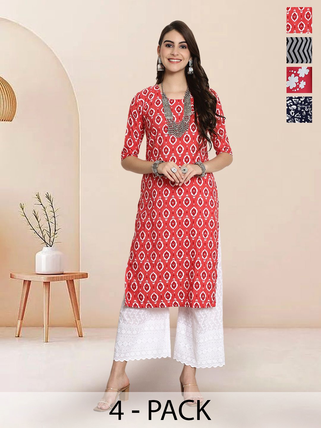 

7Threads Selection of 4 Ethnic Motifs Printed Round Neck Straight Kurtas, Red