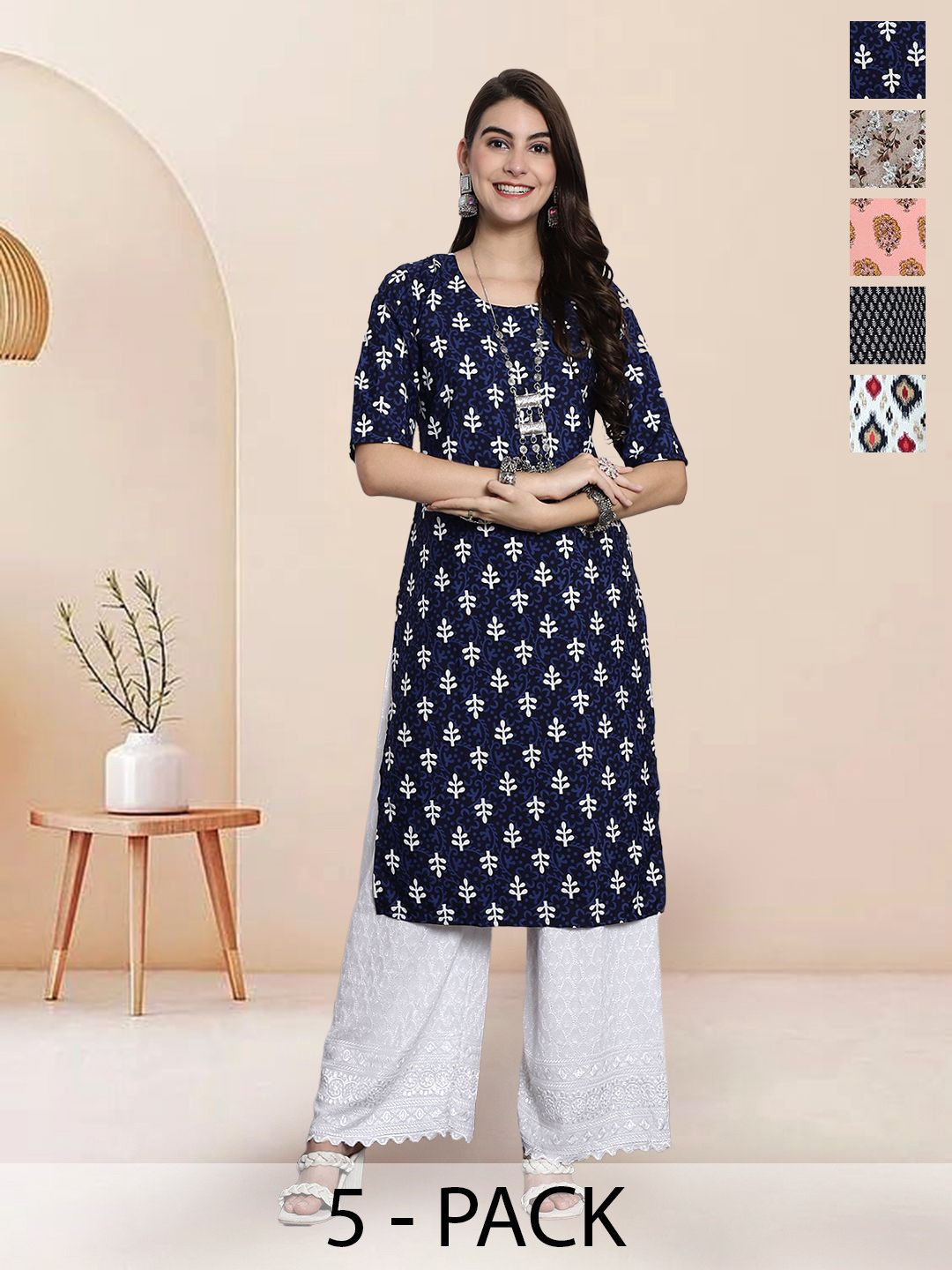 

7Threads Selection Of 5 Floral Printed Round Neck Straight Kurtas, Navy blue