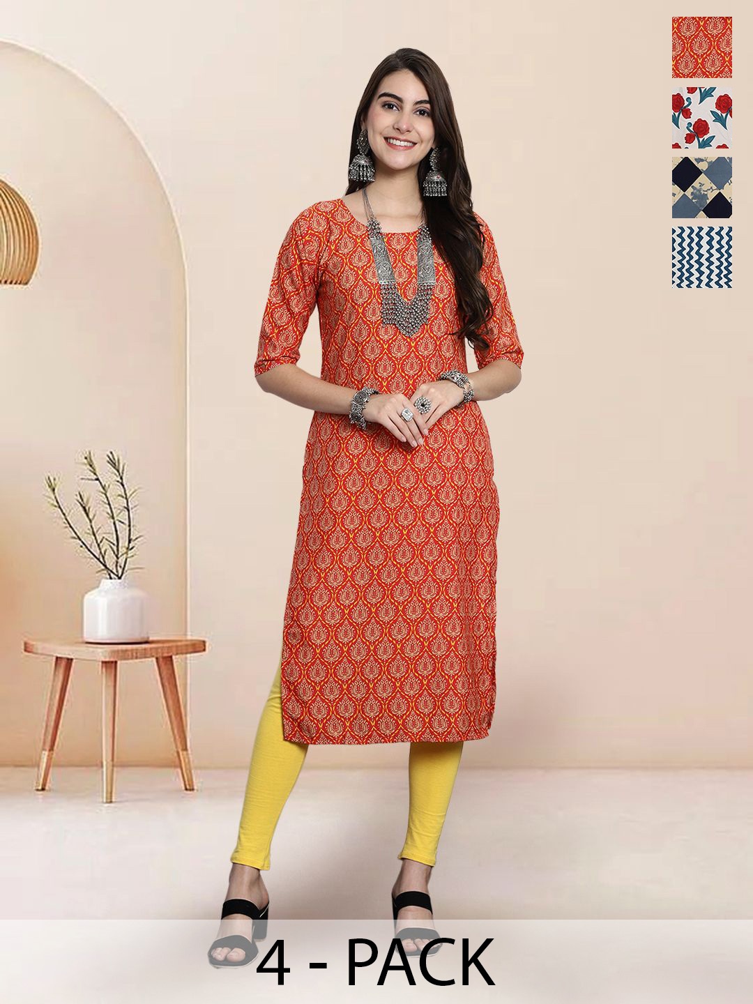 

7Threads Selection of 4 Ethnic Motif Printed Round Neck Straight Kurtas, Orange