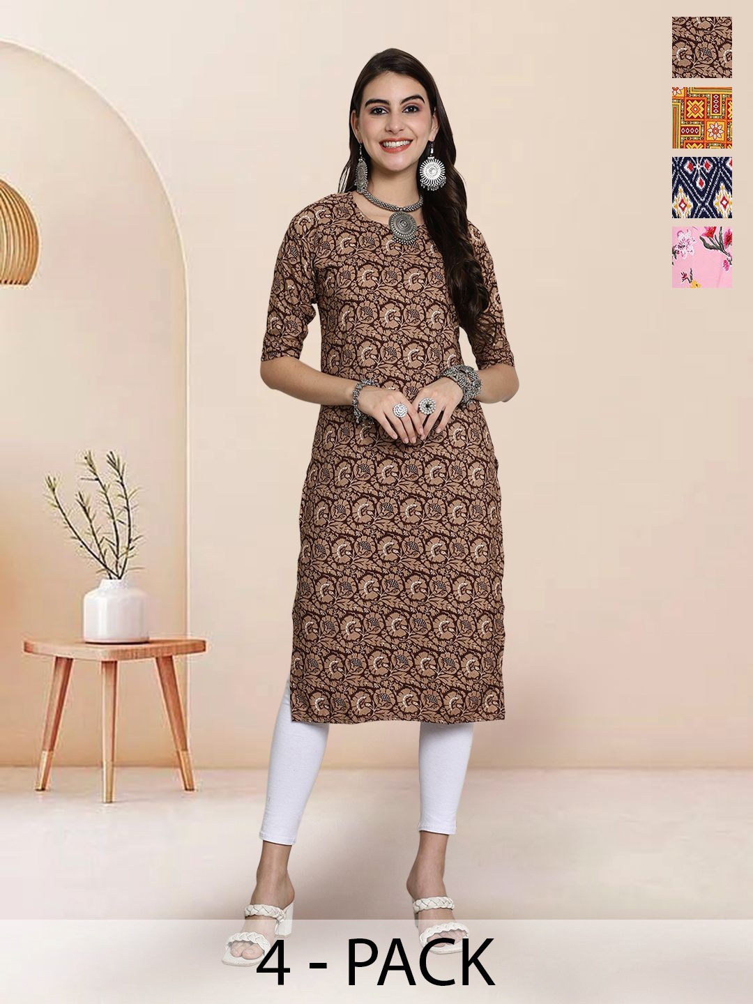 

7Threads Selection Of 4 Floral Round Neck Straight Kurtas, Brown