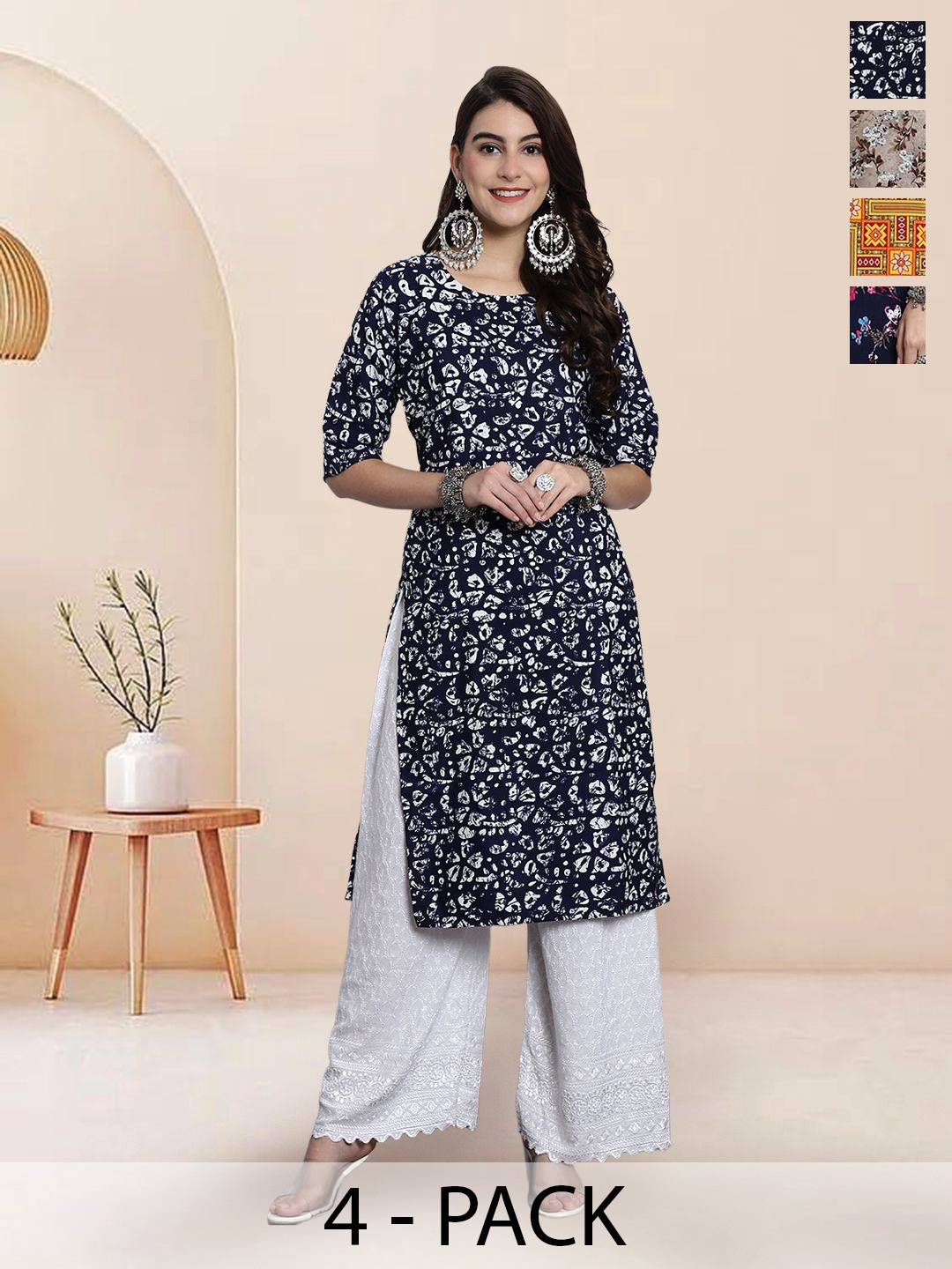 

7Threads Selection Of 4 Floral Printed Round Neck Straight Kurtas, Black