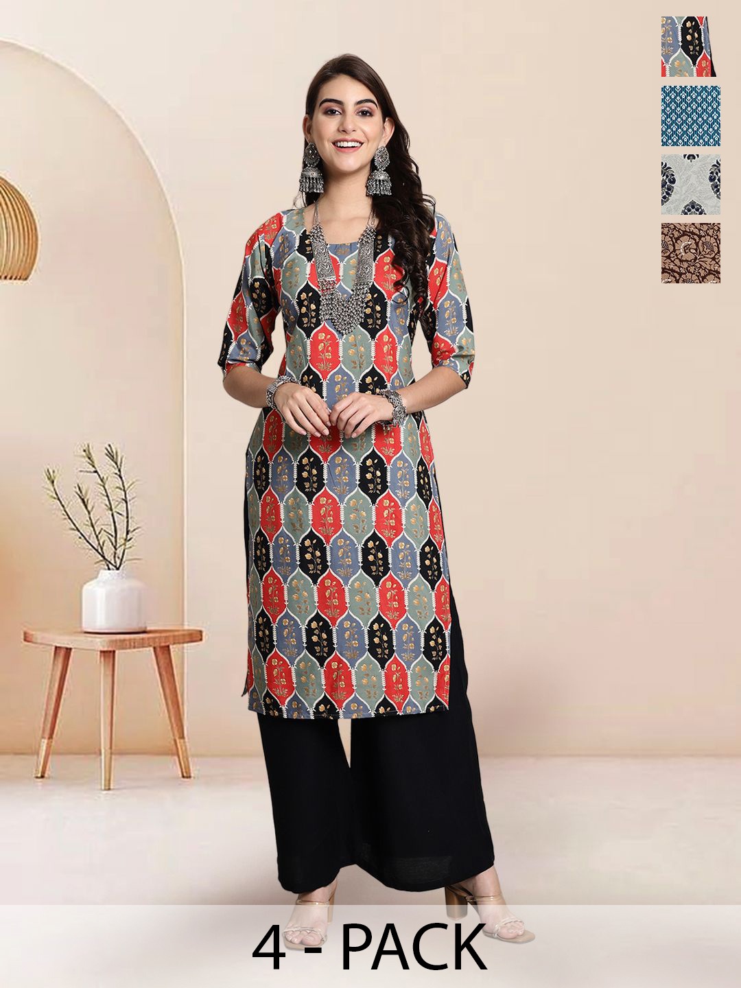 

7Threads Selection Of 4 Ethnic Motifs Printed Round Neck Straight Kurtas, Red