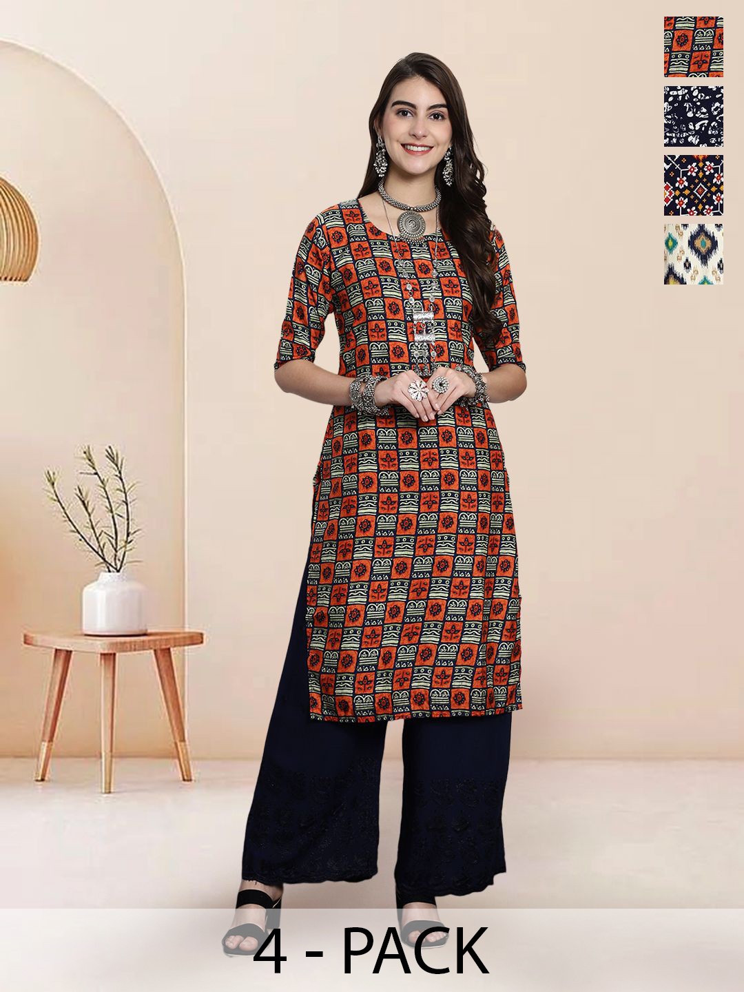 

7Threads Selection Of 4 Geometric Printed Straight Kurtas, Red