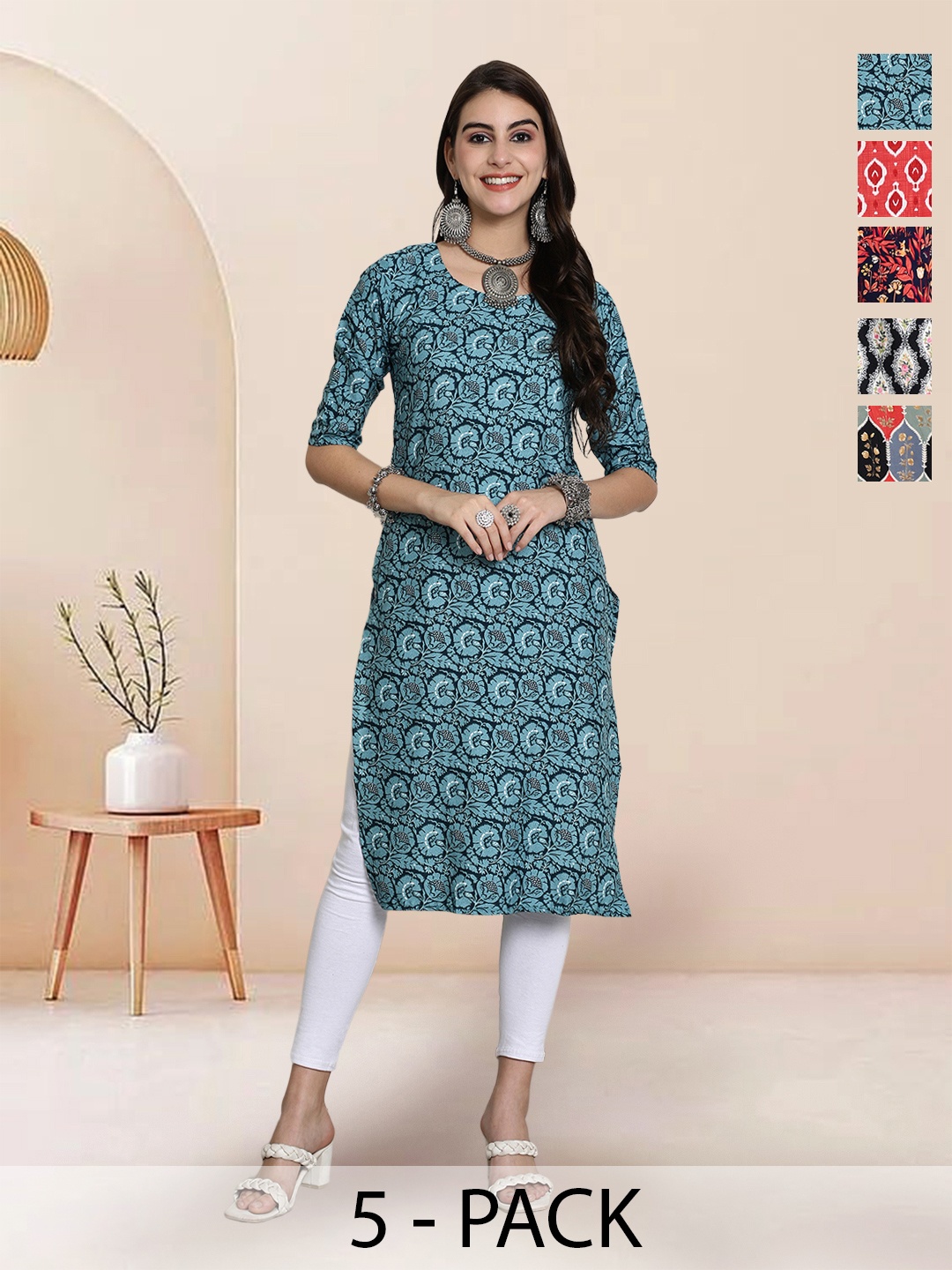 

7Threads Selection Of 5 Floral Printed Straight Kurtas, Teal