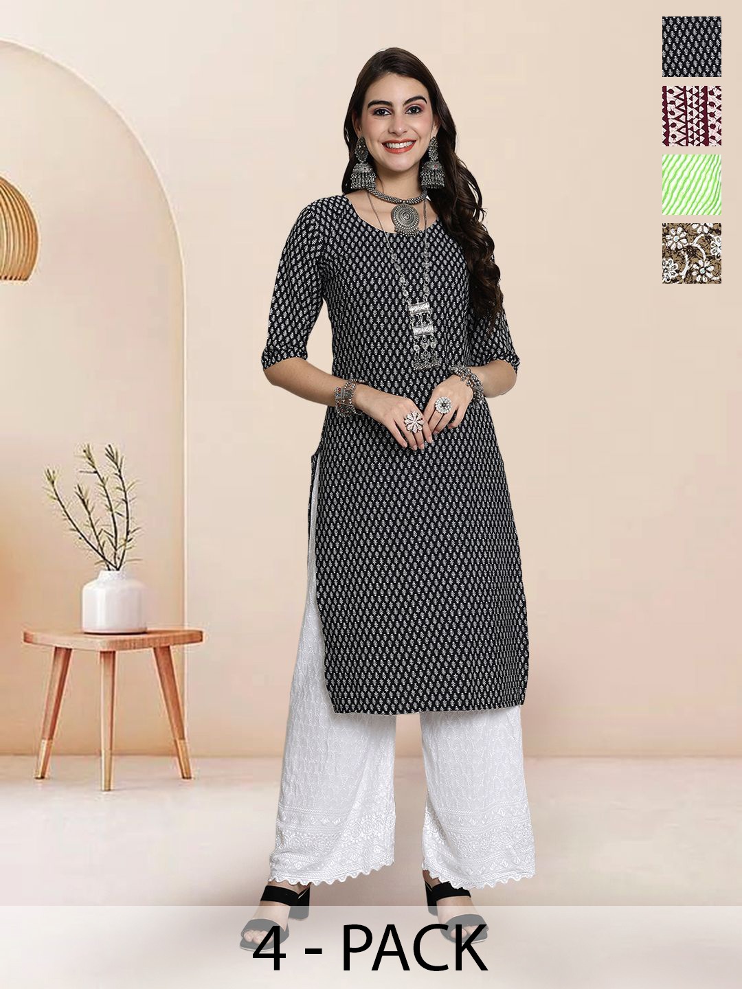 

7Threads Selection of 4 Ethnic Motifs Printed Round Neck Straight Kurtas, Black