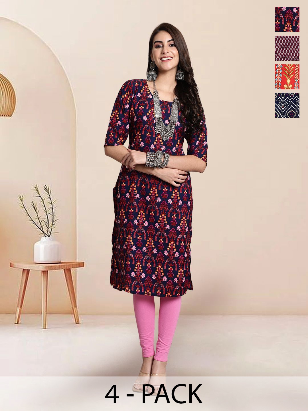 

7Threads Selection of 4 Floral Printed Round Neck Straight Kurtas, Navy blue