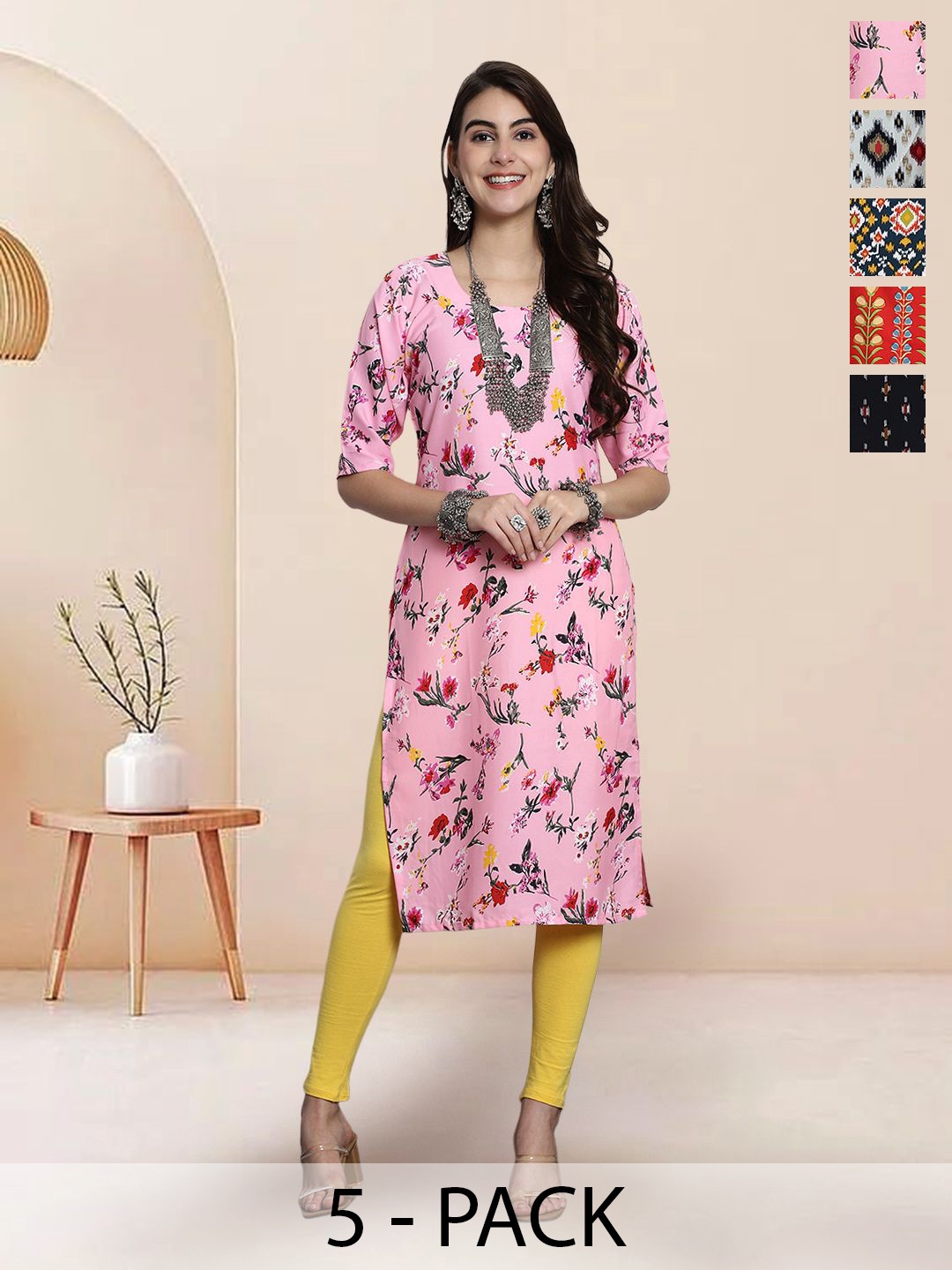 

7Threads Selection Of 5 Floral Printed Round Neck Straight Kurtas, Pink
