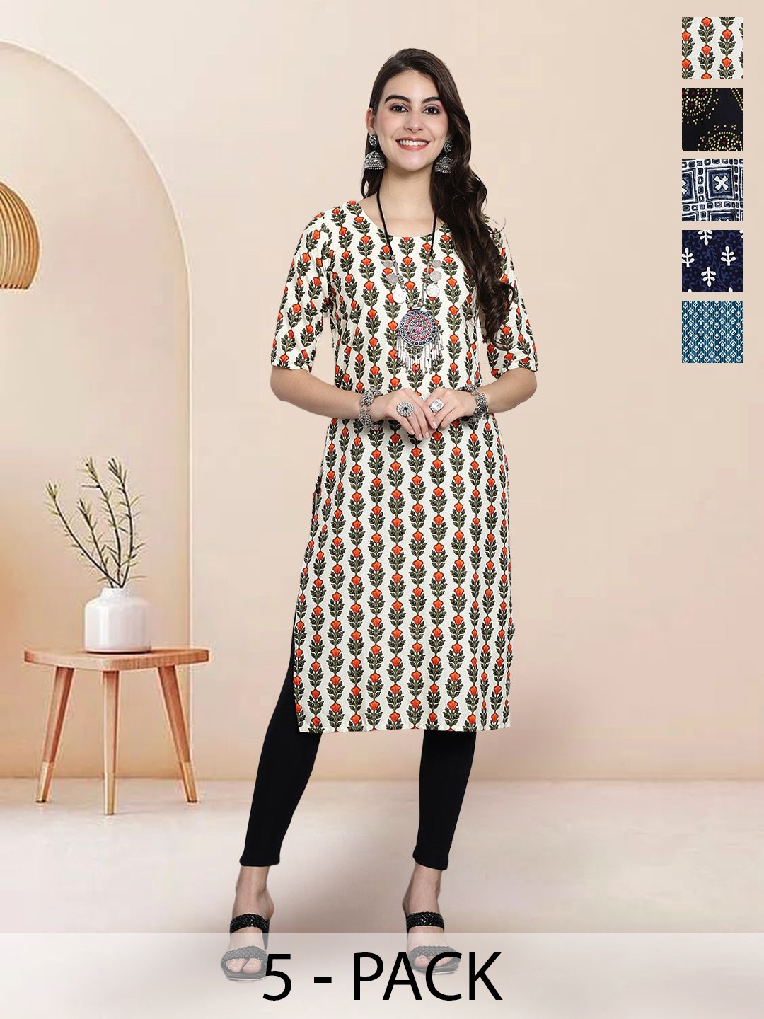 

7Threads Selection of 5 Floral Printed Round Neck Straight Kurtas, Cream