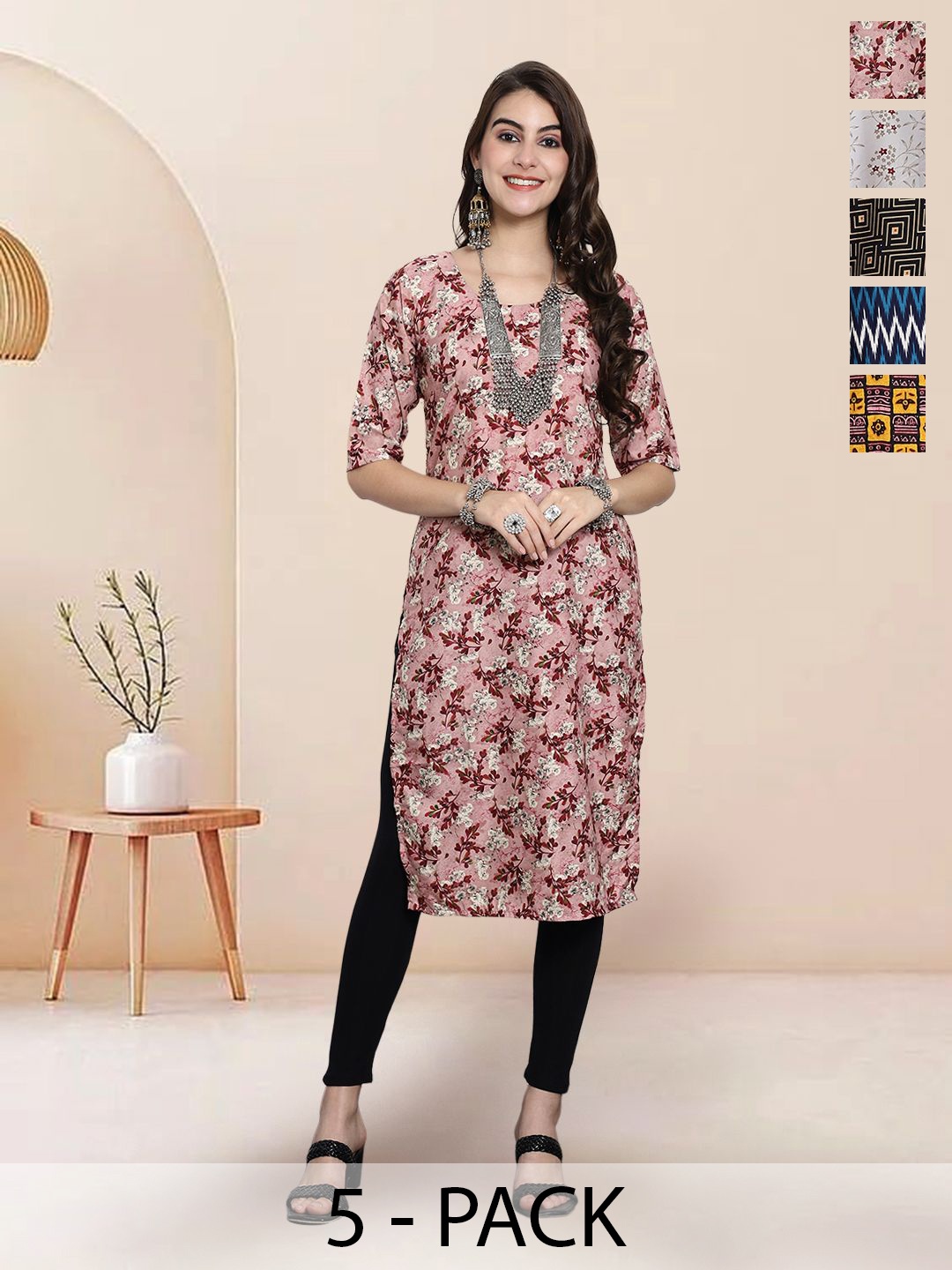 

7Threads Selection of 5 Floral Printed Round Neck Straight Kurtas, Peach