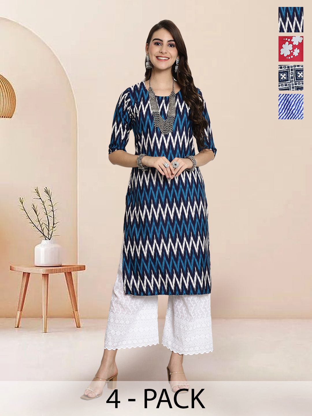 

7Threads Selection Of 4 Chevron Printed Straight Kurtas, Blue