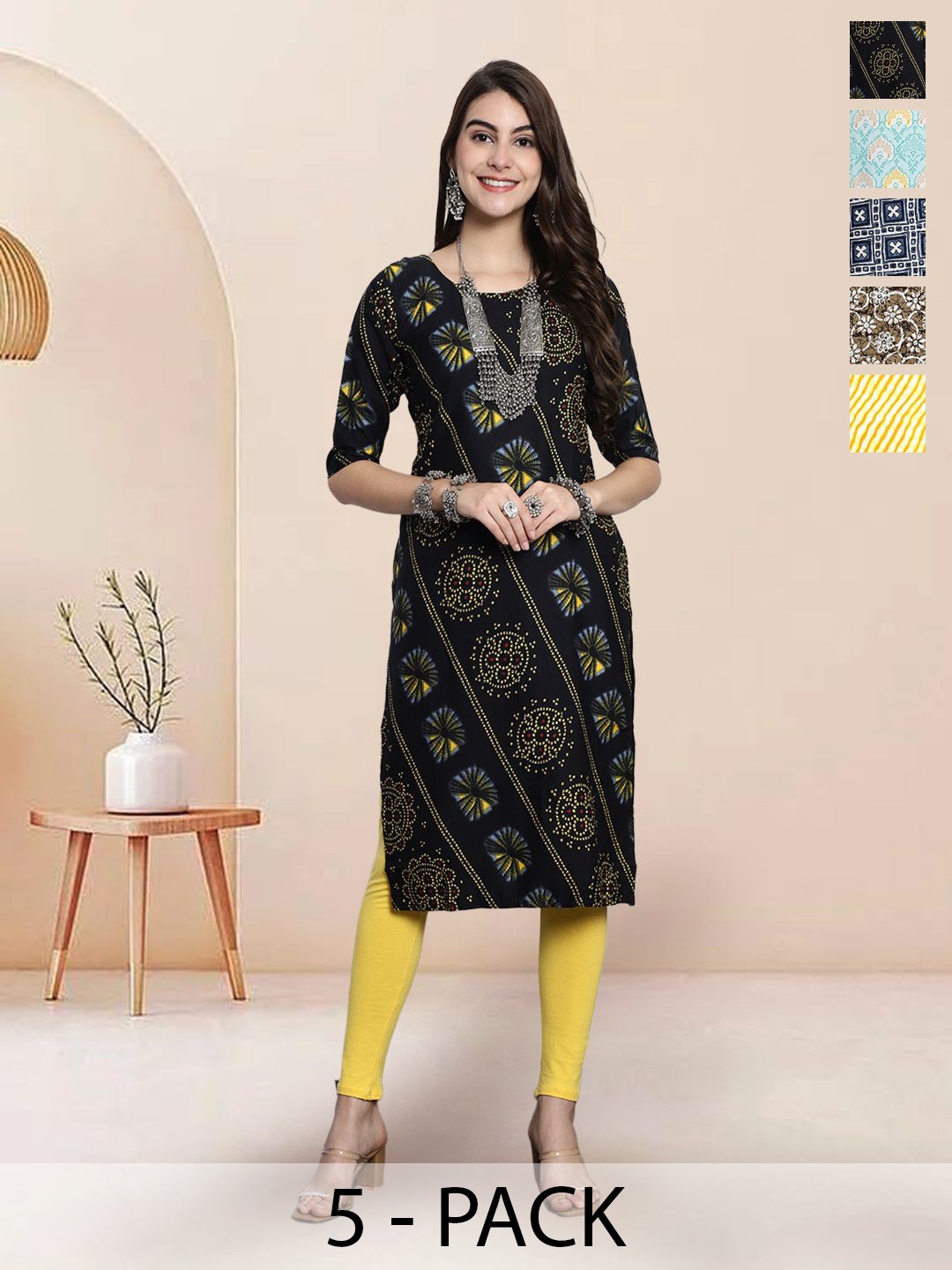 

7Threads Selection Of 5 Ethnic Motifs Printed Round Neck Straight Kurtas, Black