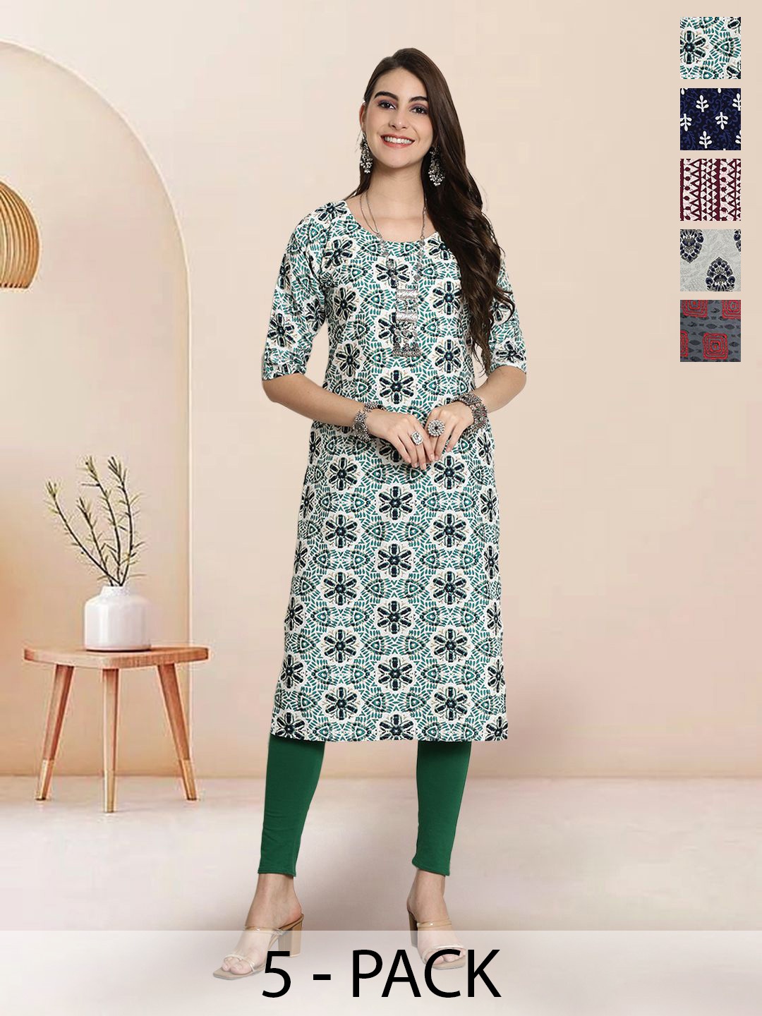 

7Threads Selection Of 5 Floral Printed Straight Kurtas, Green
