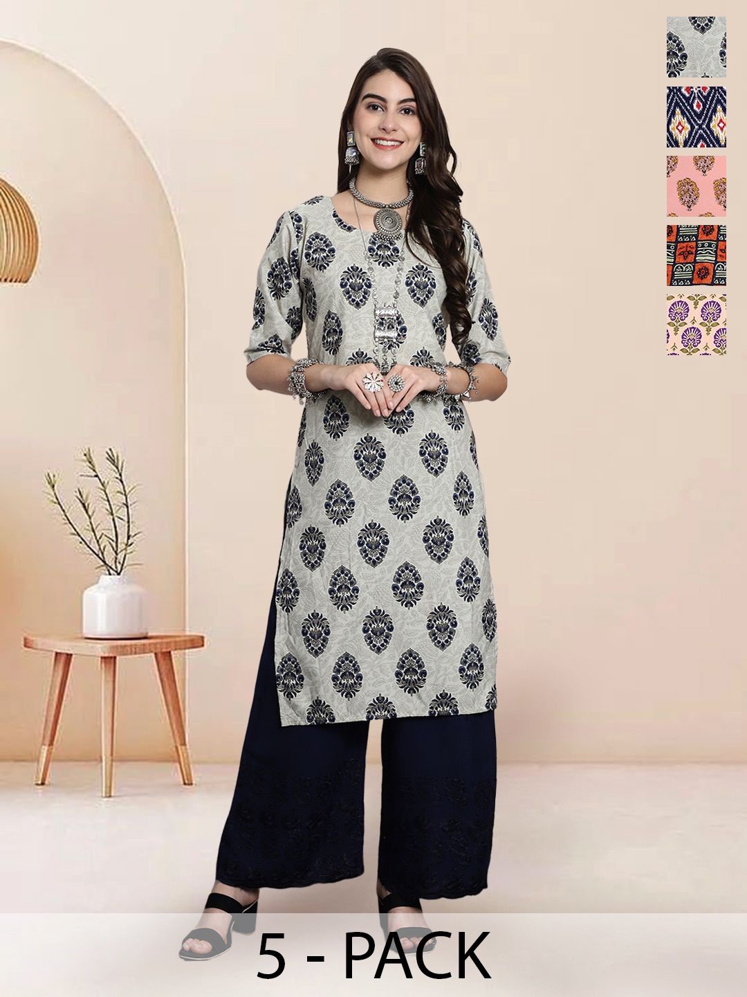 

7Threads Selection Of 5 Ethnic Motifs Printed Straight Kurtas, Grey