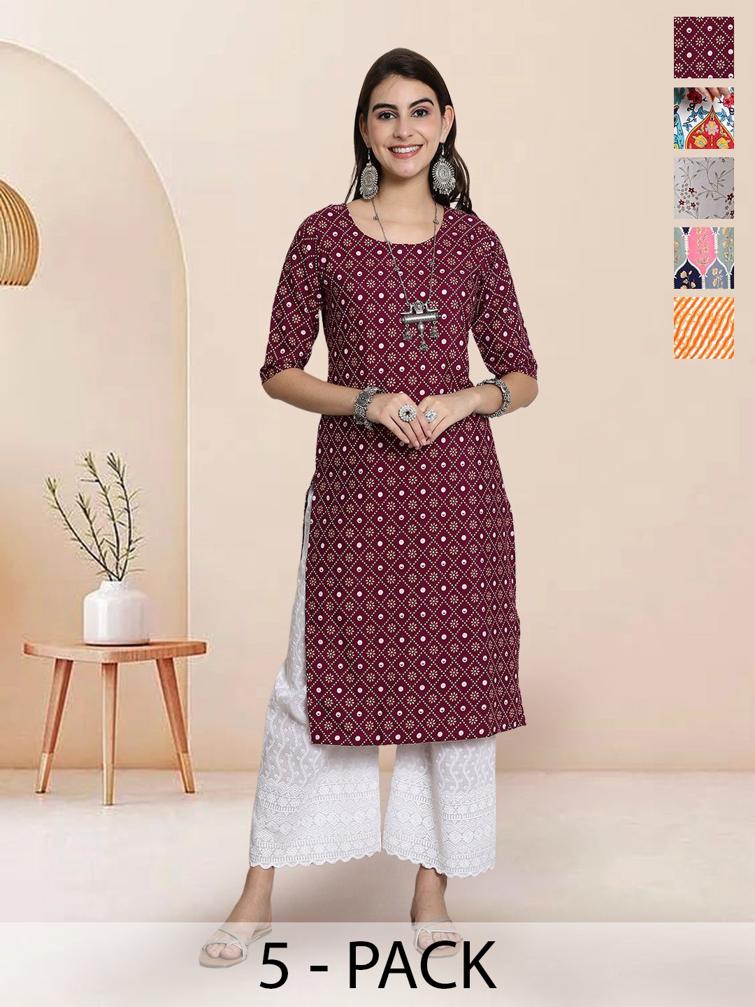 

7Threads Selection Of 5 Ethnic Motifs Printed Round Neck Straight Kurtas, Maroon