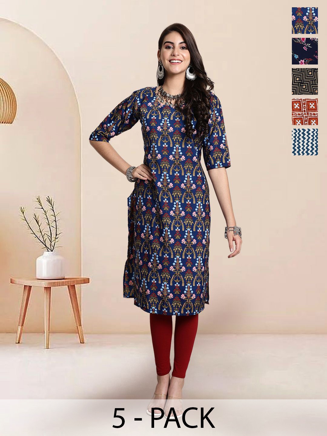 

7Threads Selection Of 5 Floral Printed Round Neck Kurtas, Blue