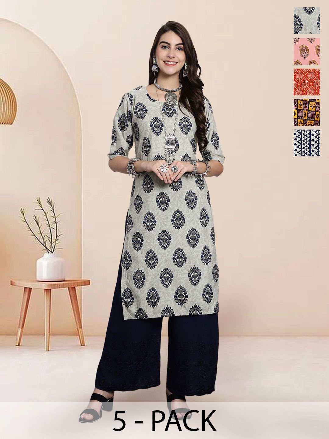 

7Threads Selection Of 5 Floral Printed Round Neck Straight Kurtas, Grey