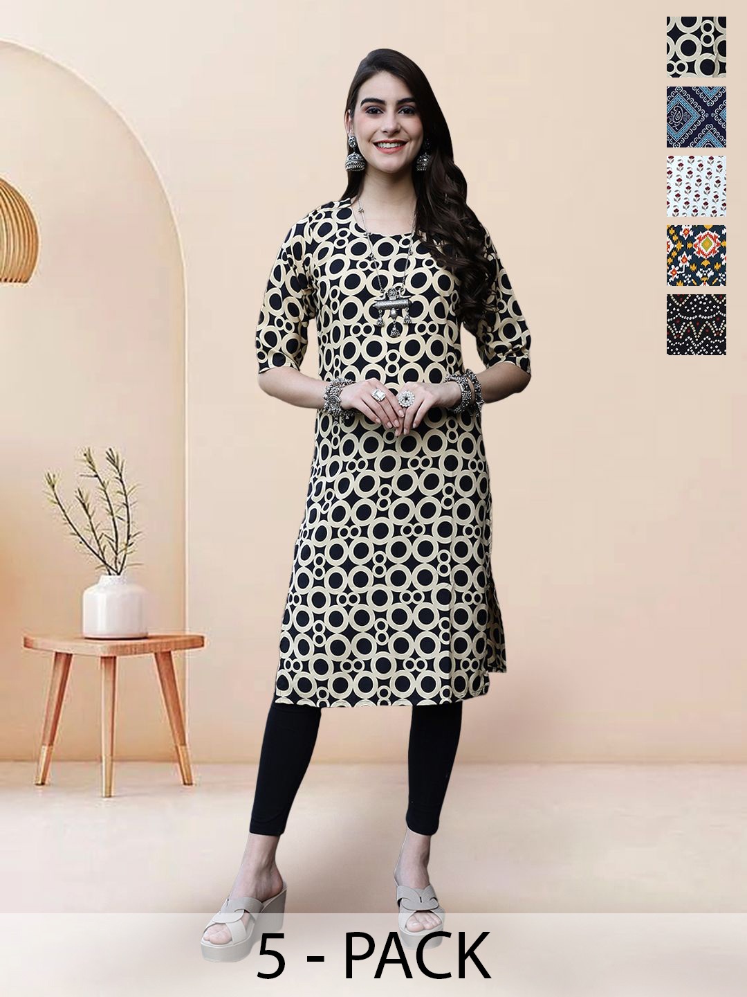 

7Threads Selection Of 5 Geometric Printed Round Neck Straight Kurtas, Black