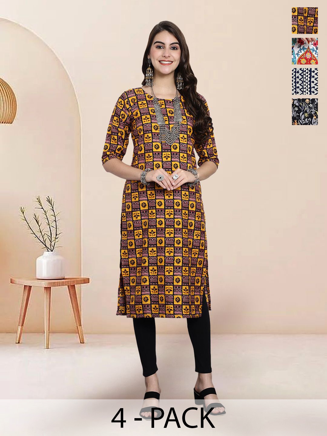 

7Threads Selection Of 4 Ethnic Motifs Printed Round Neck Straight Kurtas, Black