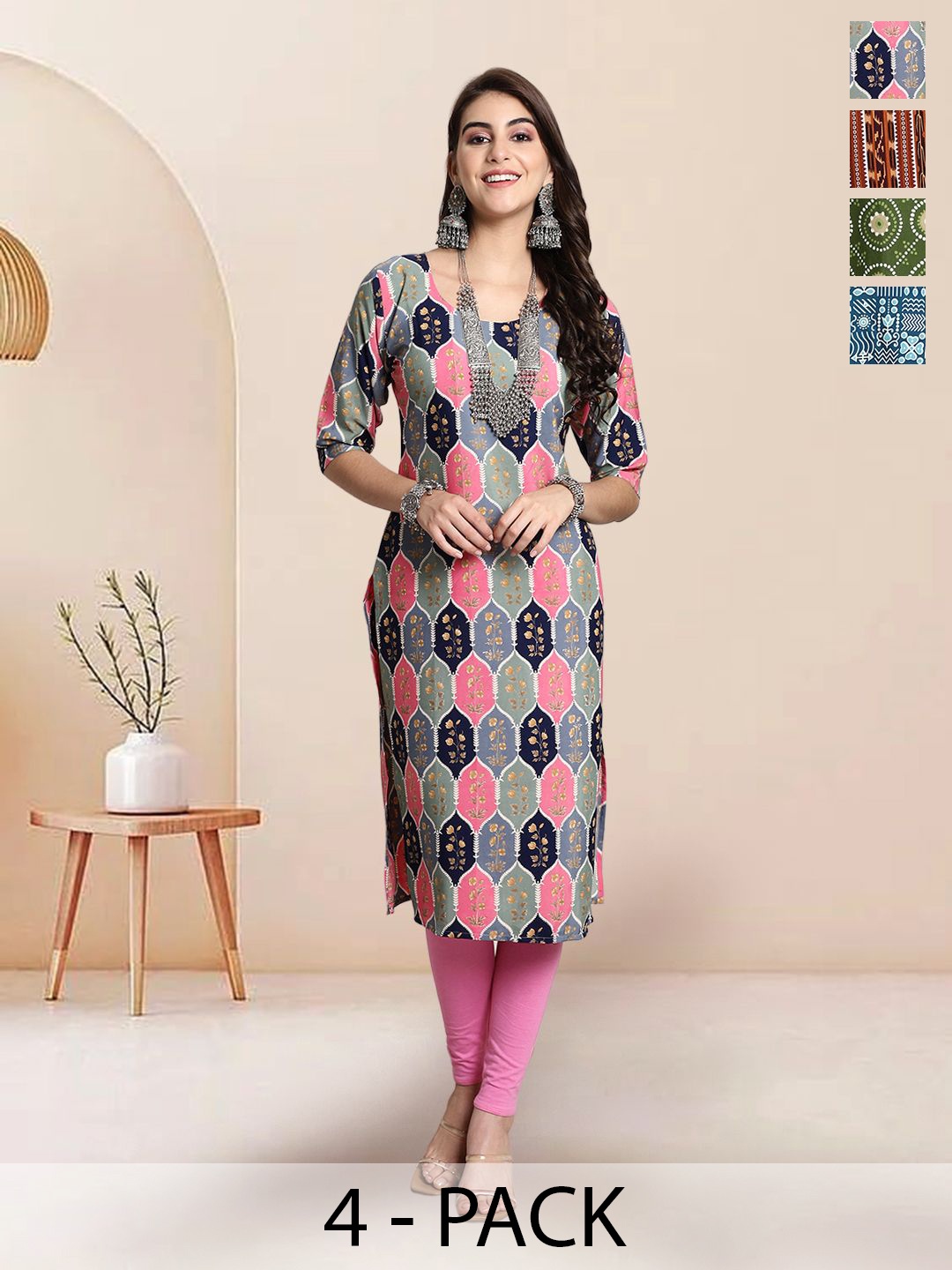 

7Threads Selection Of 4 Ethnic Motifs Printed Round Neck Straight Kurtas, Pink