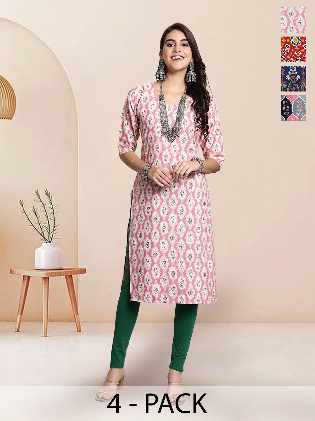 

7Threads Selection Of 4 Floral Printed Round Neck Straight Kurta, Pink