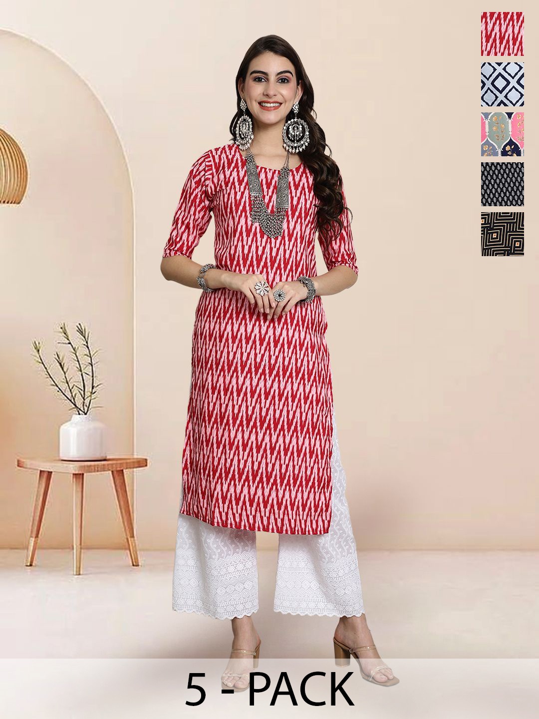 

7Threads Selection Of 5 Chervon Printed Round Neck Straight Kurtas, Red