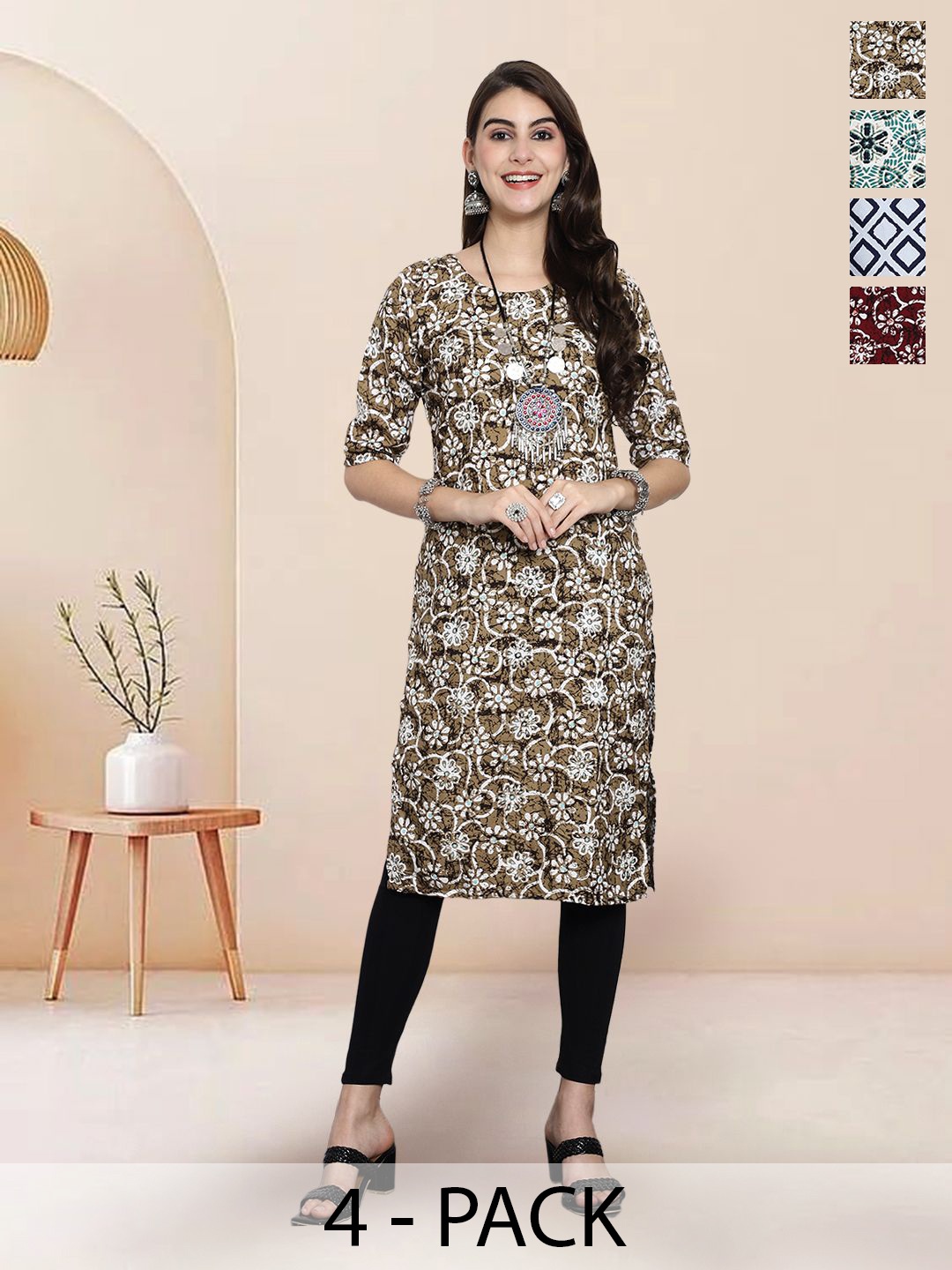 

7Threads Selection Of 4 Floral Printed Round Neck Straight Kurtas, Green