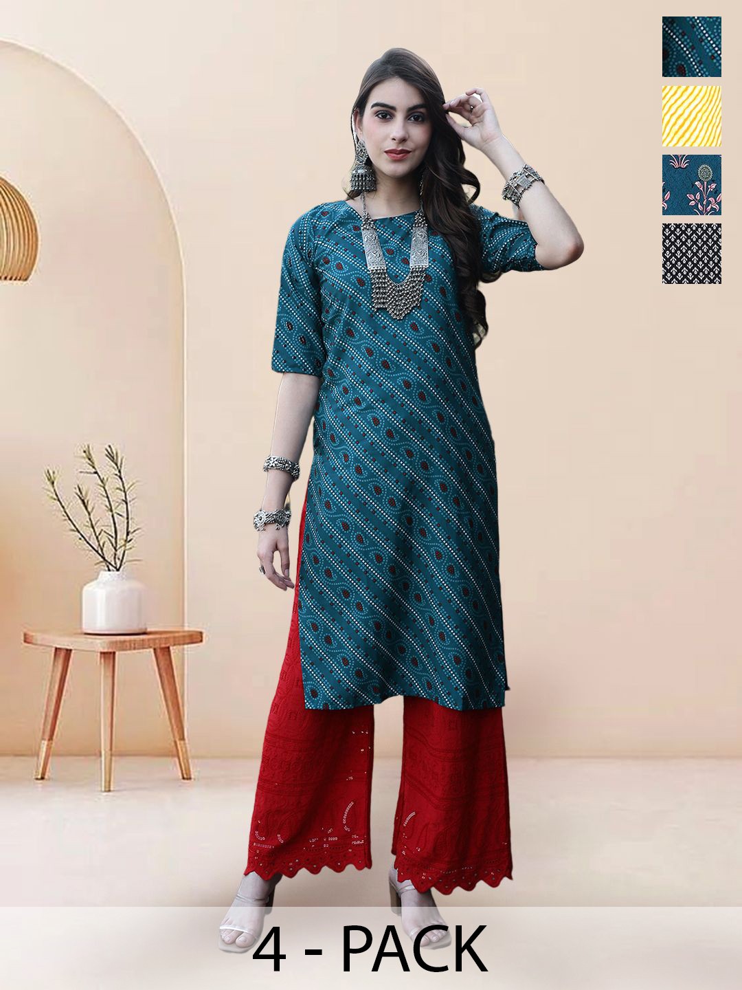 

7Threads Selection Of 4 Ethnic Motifs Printed Round Neck Straight Kurtas, Blue