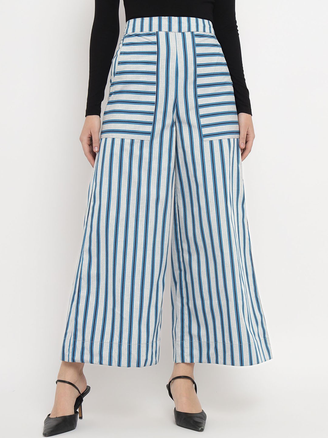 

Sands of India Women Stripped Wide Leg Trousers, Blue