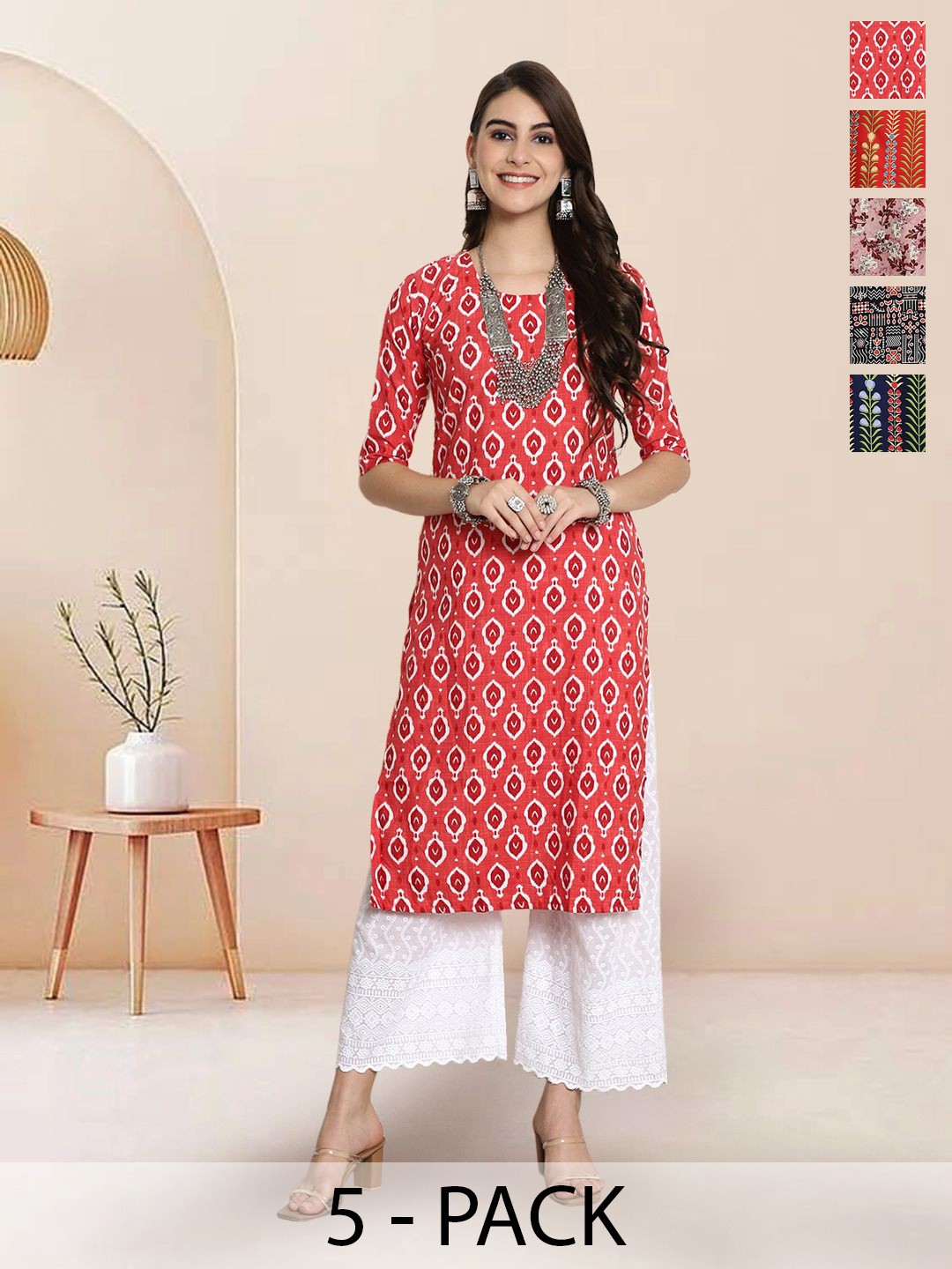 

7Threads Selection Of 5 Ethnic Motifs Printed Round Neck Straight Kurtas, Red