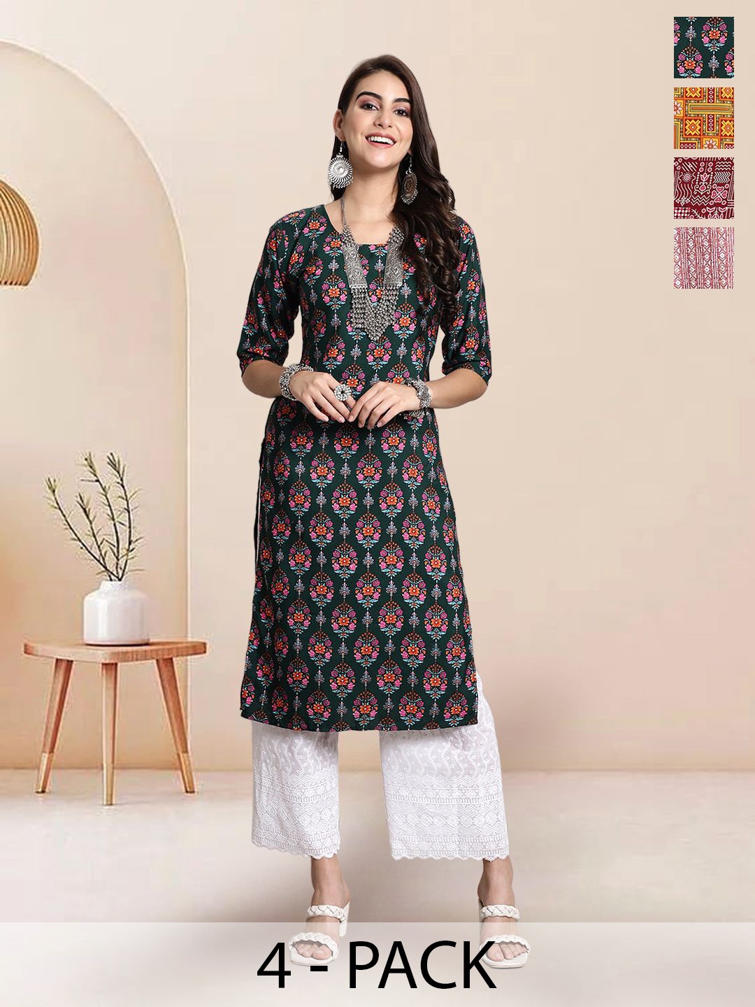 

7Threads Selection Of 4 Floral Round Neck Straight Kurtas, Green