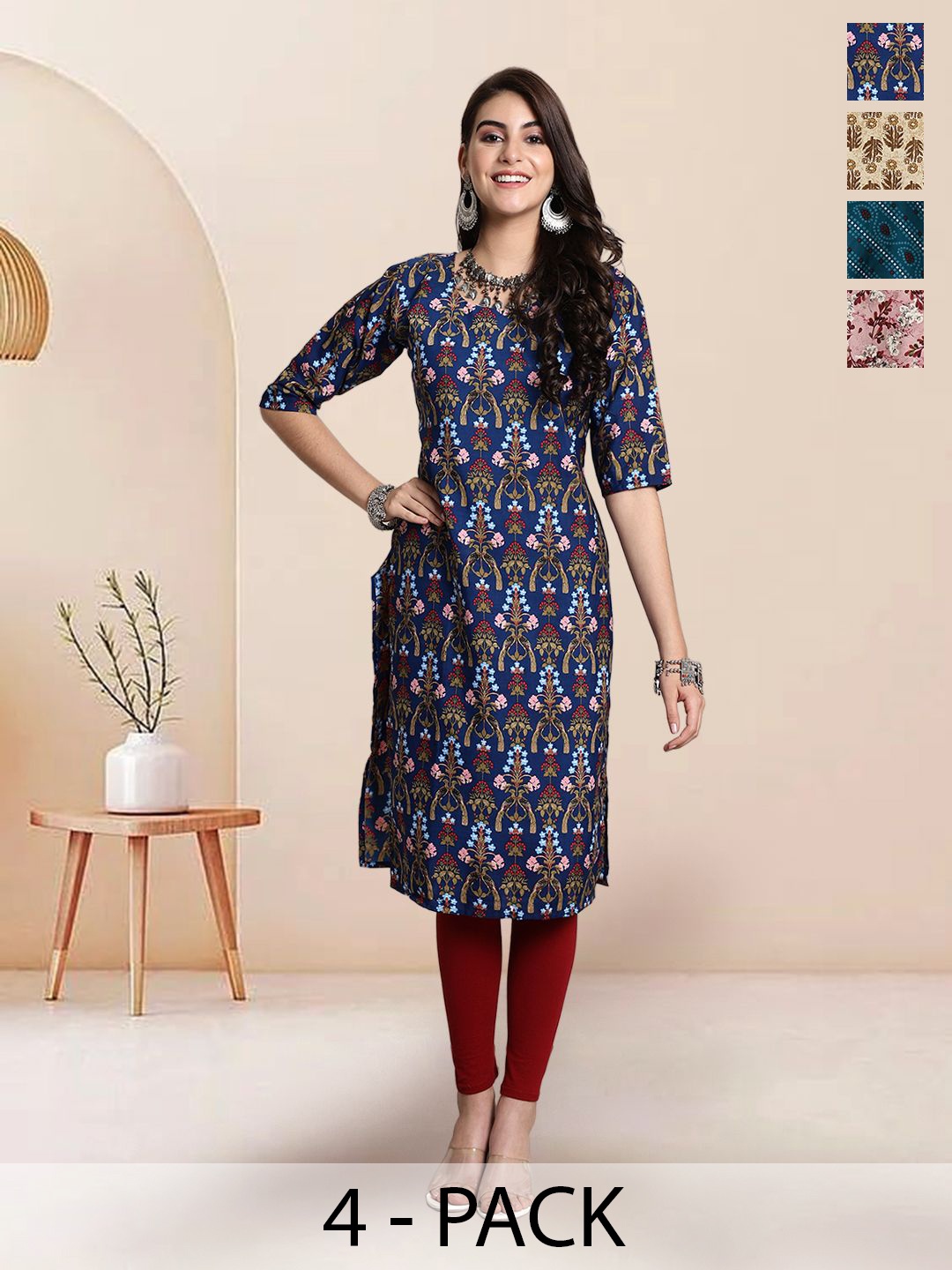 

7Threads Selection Of 4 Ethnic Motifs Printed Round Neck Straight Kurtas, Blue