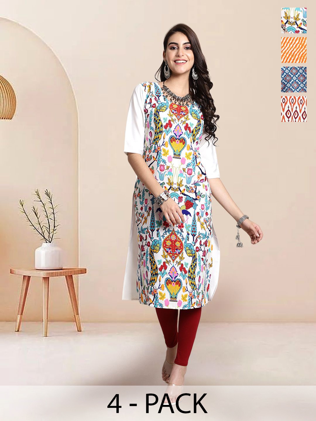 

7Threads Selection Of 4 Ethnic Motifs Printed Round Neck Straight Kurtas, White