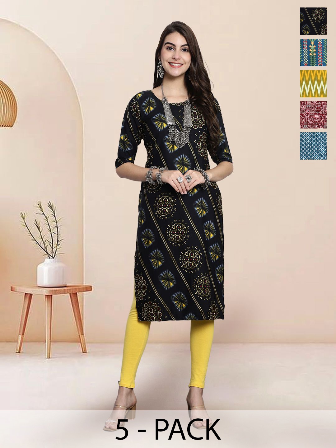 

7Threads Selection Of 5 Floral Printed Round Neck Straight Kurtas, Black