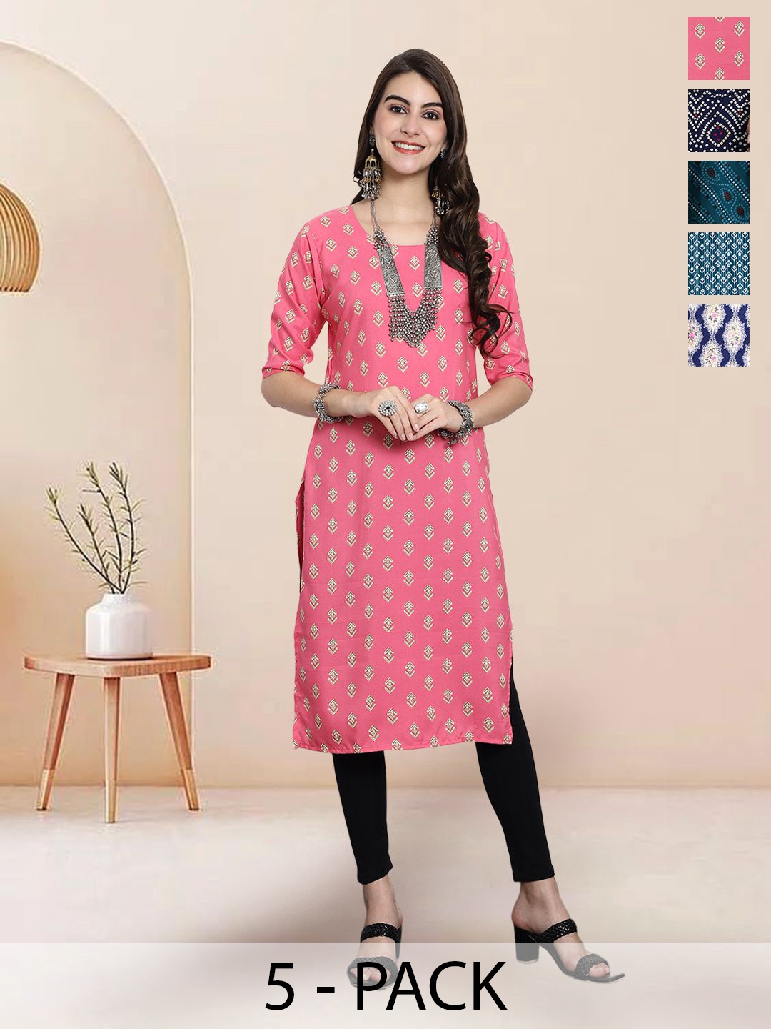 

7Threads Selection Of 5 Geometric Printed Round Neck Straight Kurtas, Pink