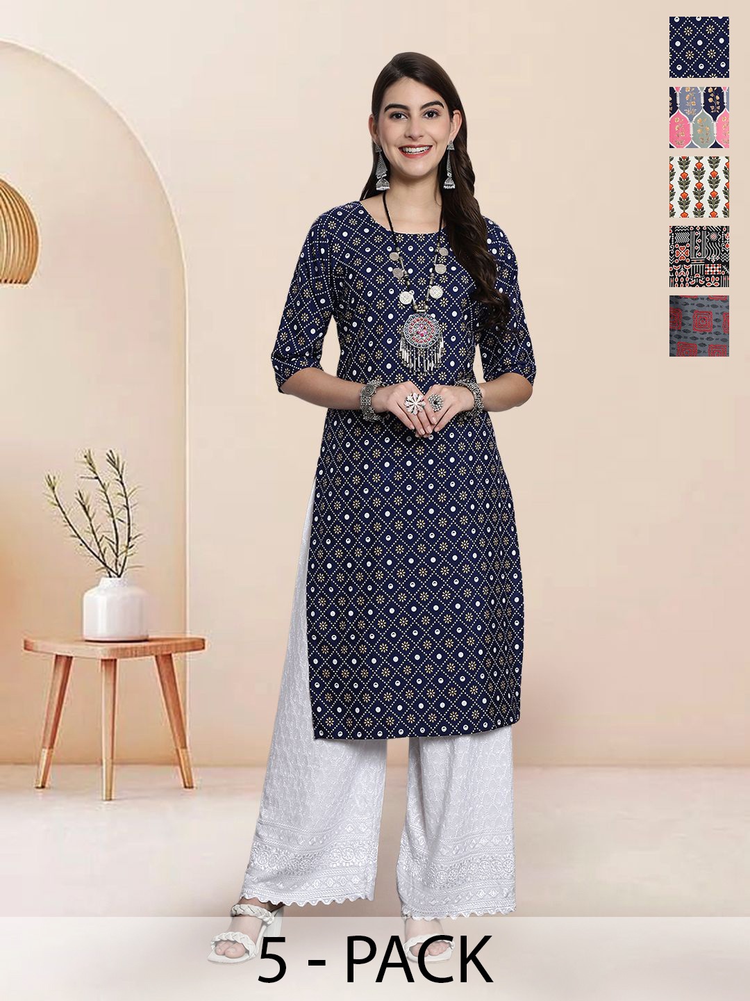 

7Threads Selection Of 5 Ethnic Motifs Printed Round Neck Straight Kurtas, Navy blue