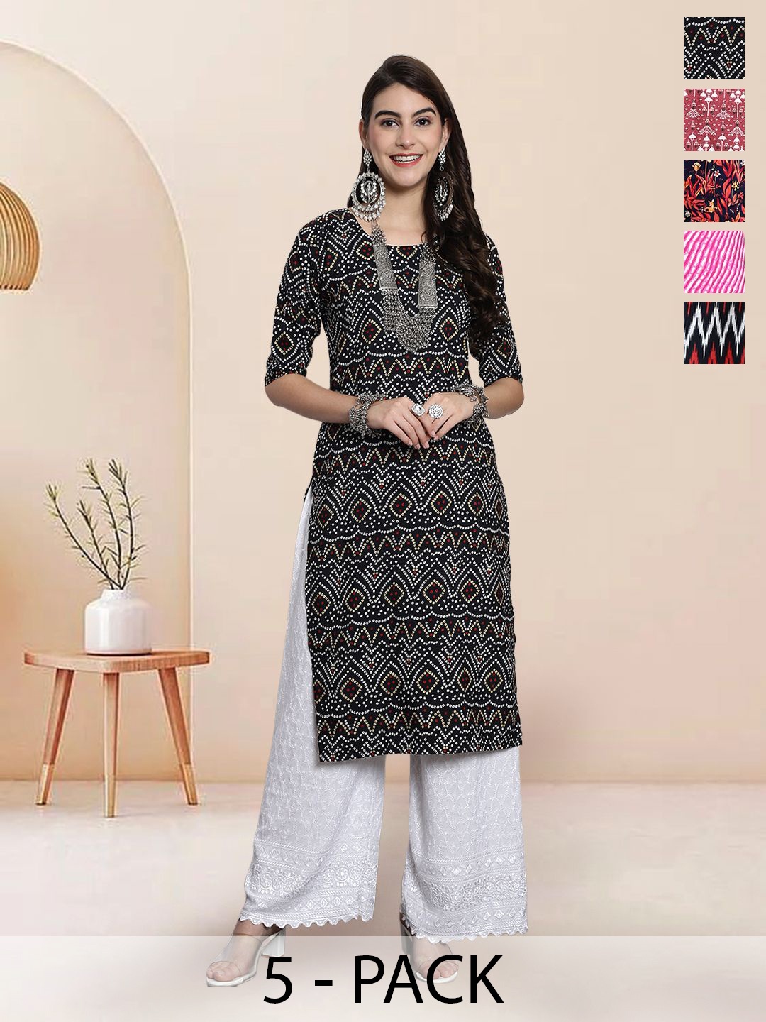 

7Threads Selection Of 5 Bandhani Printed Round Neck Straight Kurtas, Black