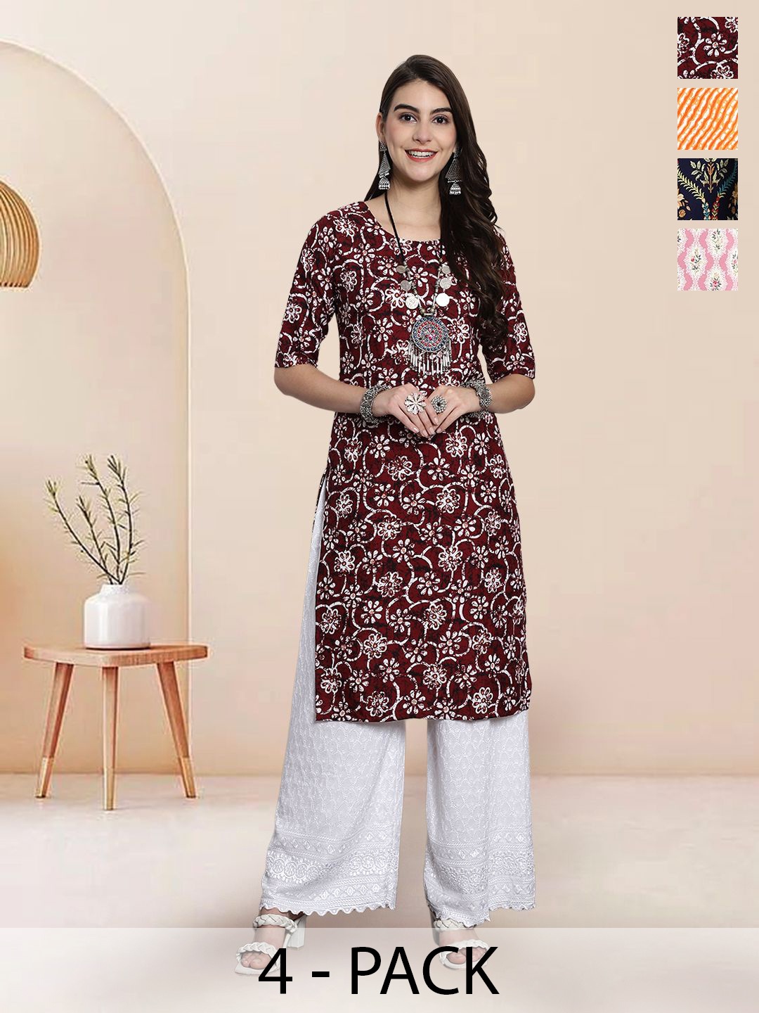 

7Threads Selection of 4 Floral Printed Round Neck Straight Kurtas, Maroon