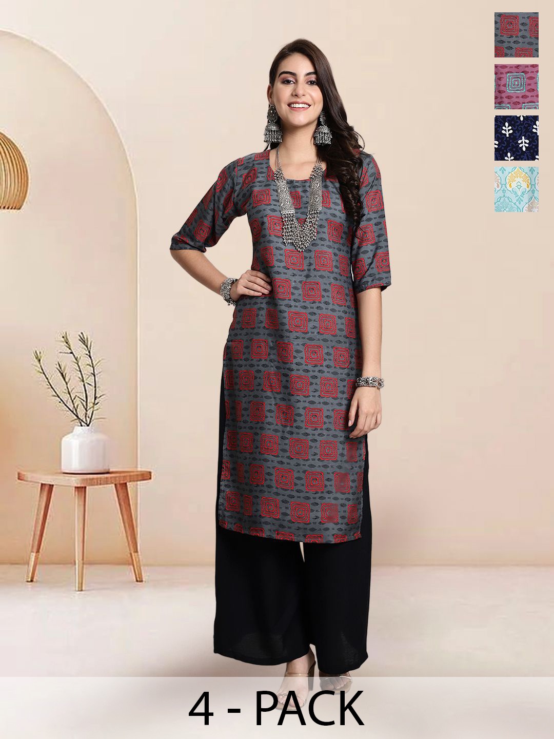 

7Threads Selection of 4 Geometric Printed Round Neck Straight Kurtas, Grey
