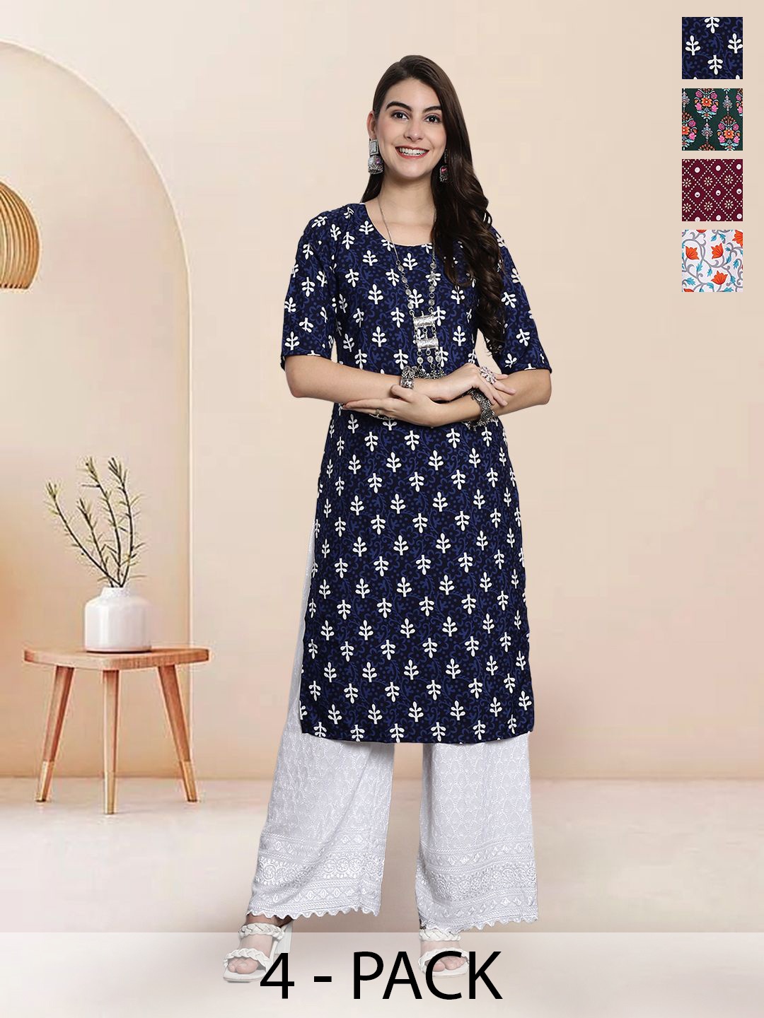 

7Threads Selection Of 4 Floral Printed Round Neck Kurtas, Blue