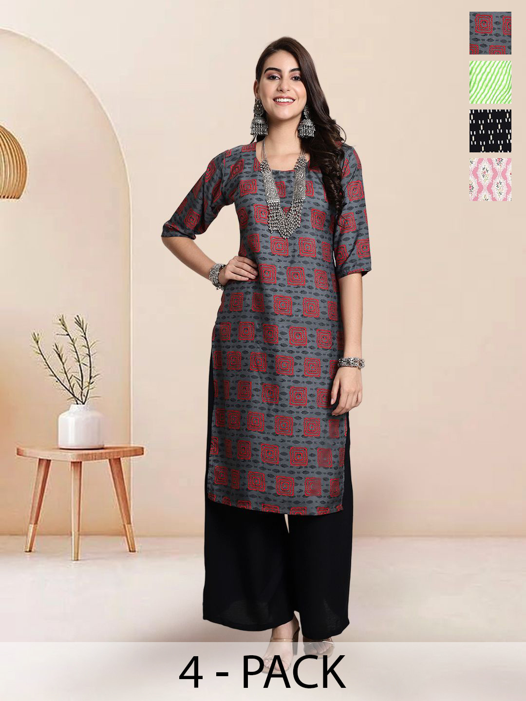

7Threads Selection Of 4 Ethnic Motifs Printed Round Neck Straight Kurtas, Grey