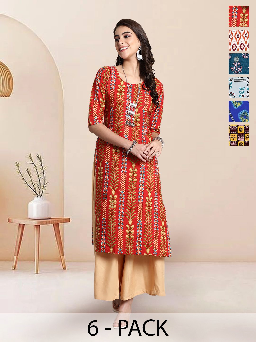 

7Threads Selection Of 6 Floral Printed Round Neck Straight Kurtas, Red
