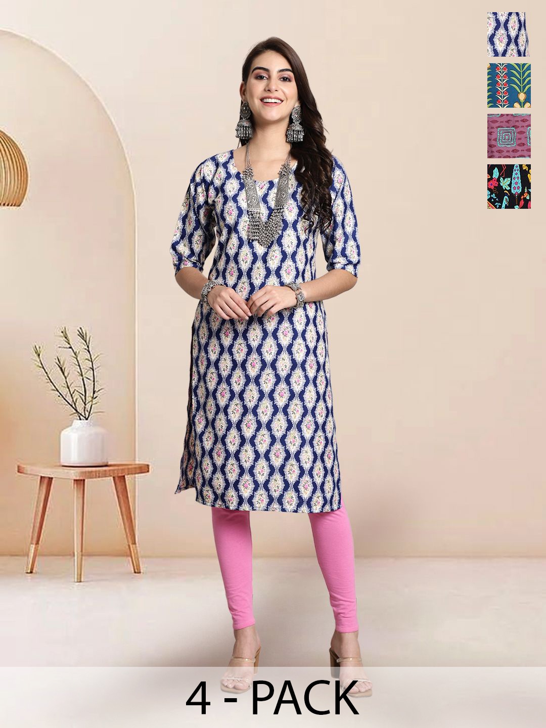 

7Threads Selection of 4 Floral Printed Round Neck Straight Kurtas, Navy blue