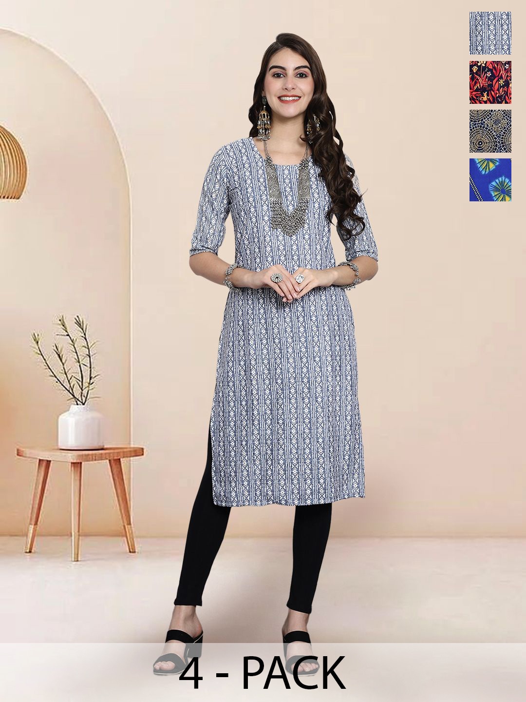 

7Threads Selection Of 4 Ethnic Motifs Printed Straight Round Neck Kurtas, Grey