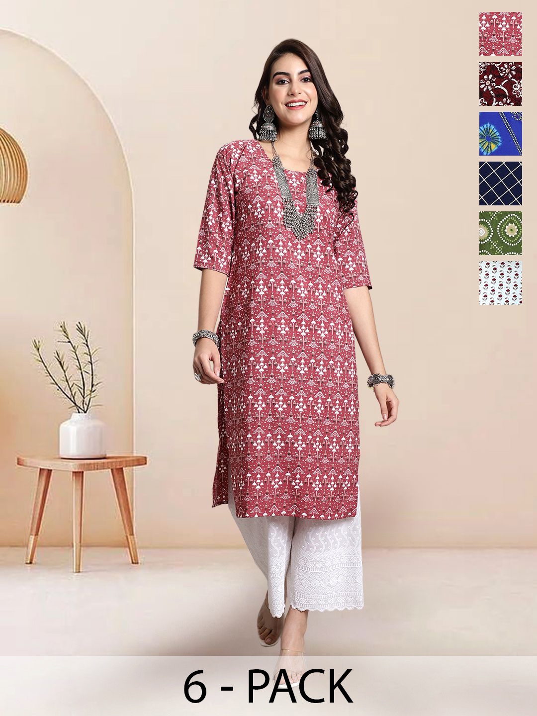 

7Threads Selection Of 6 Ethnic Motifs Printed Round Neck Straight Kurtas, Maroon