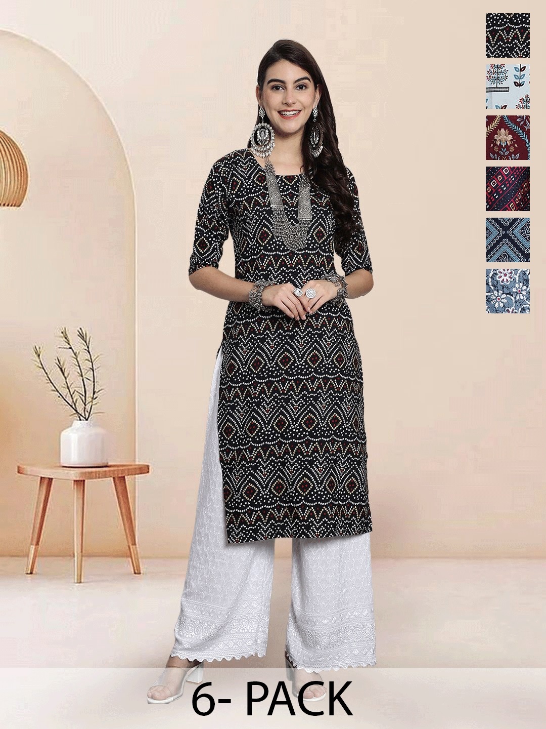 

7Threads Selection Of 6 Bandhani Printed Round Neck Straight Kurtas, Black