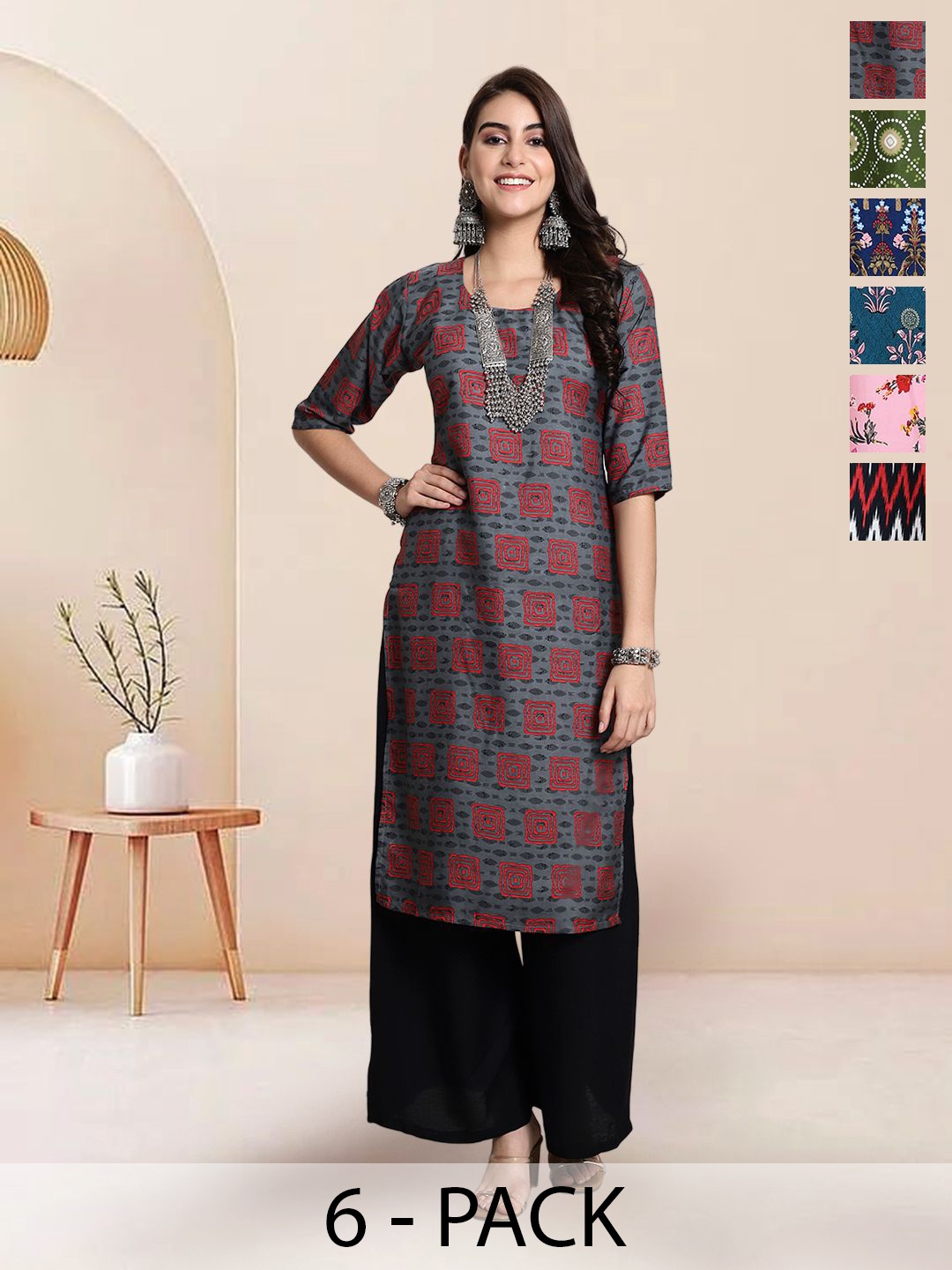 

7Threads Selection Of 6 Geometric Printed Straight Round Neck Kurtas, Grey