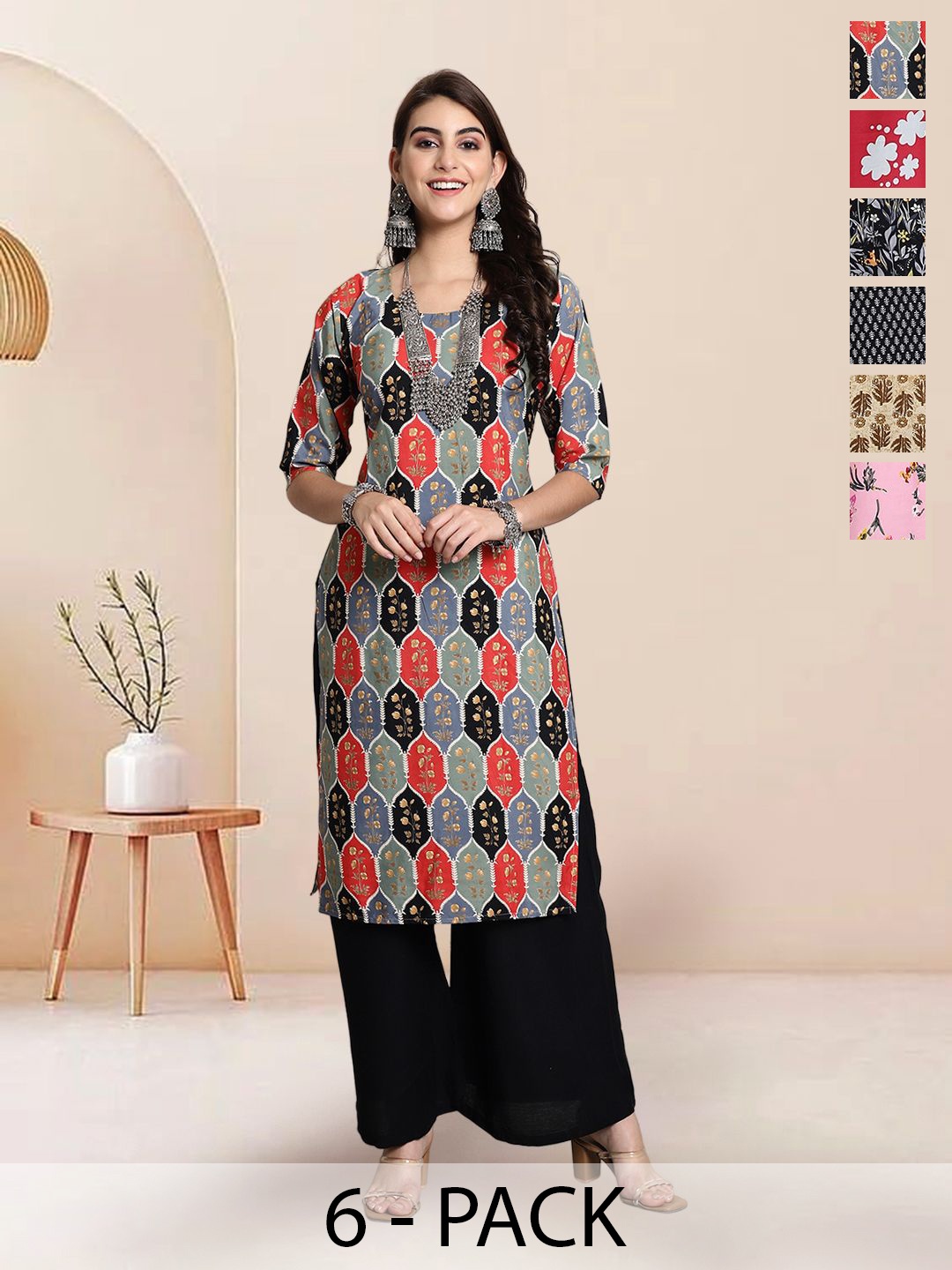 

7Threads Selection Of 6 Floral Printed Round Neck Kurtas, Red