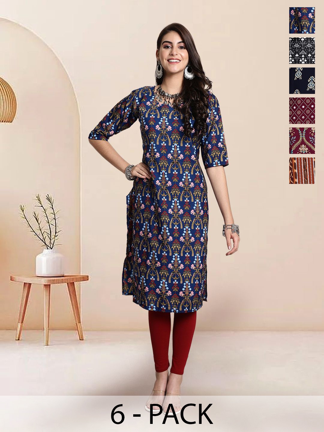 

7Threads Selection Of 6 Ethnic Motifs Printed Round Neck Kurtas, Blue