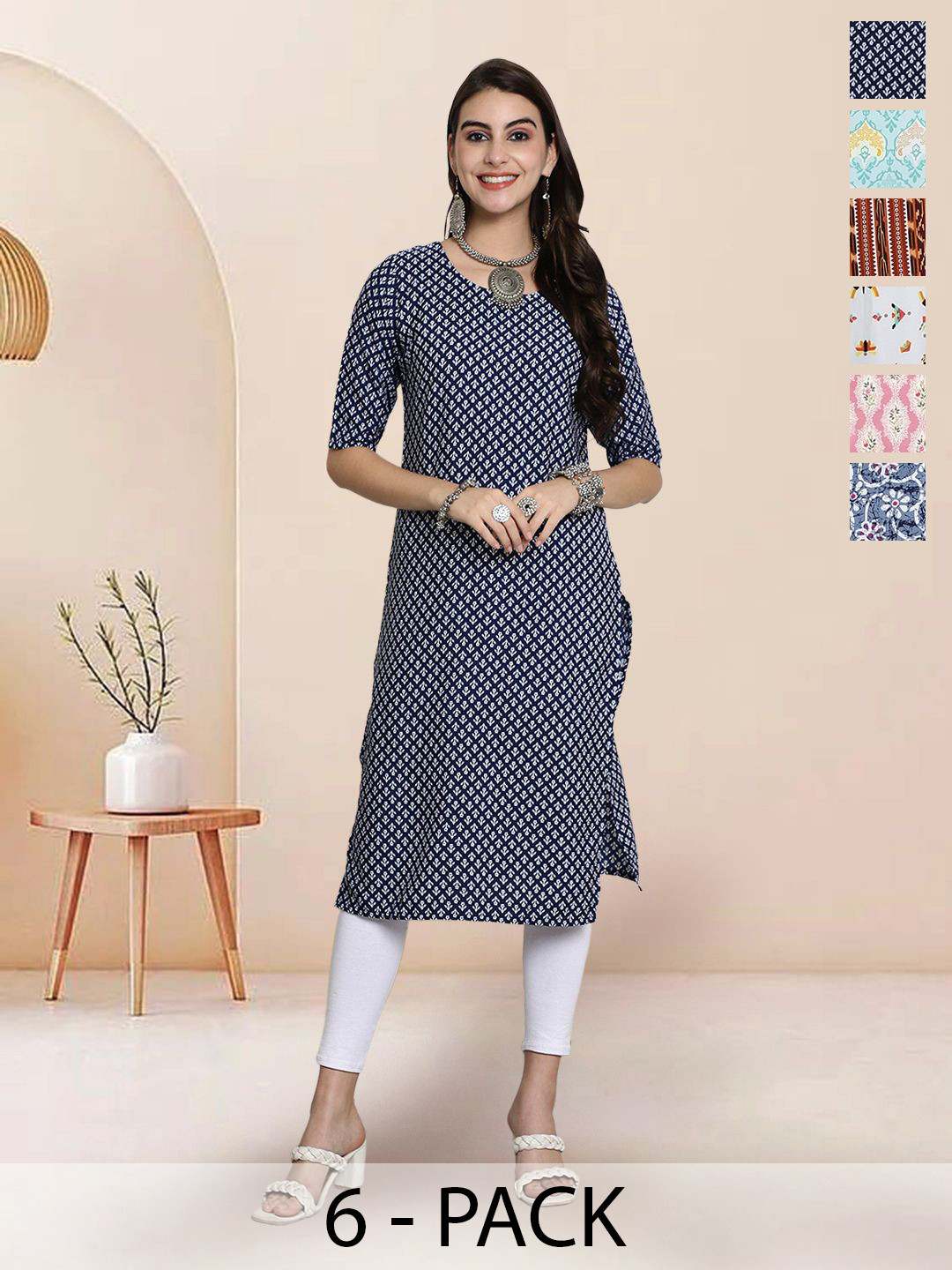 

7Threads Selection Of 6 Floral Printed Round Neck Straight Kurtas, Navy blue