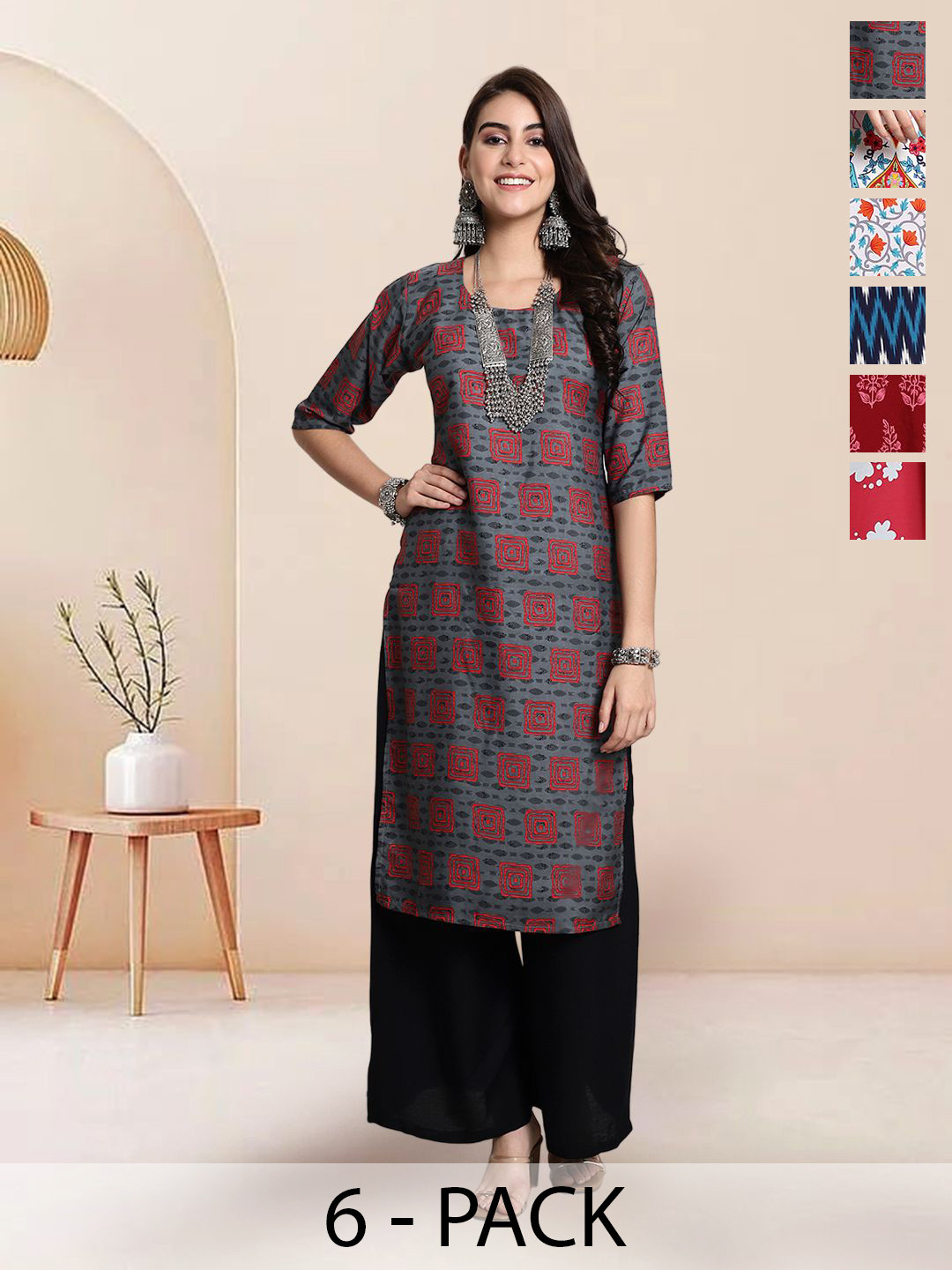 

7Threads Selection Of 2 Geometric Printed Round Neck Straight Kurta, Grey